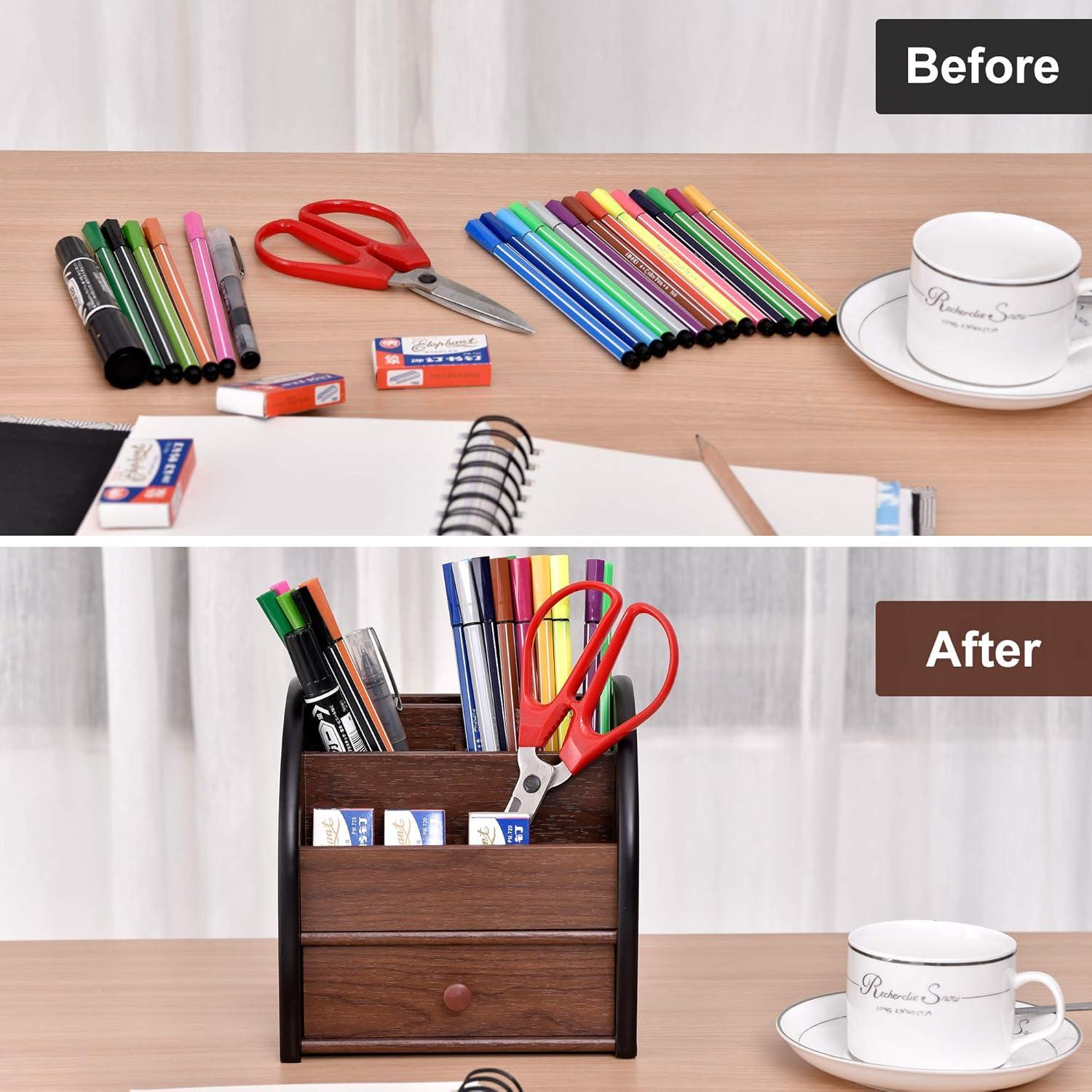 Wooden Desktop Organizer with Drawer, Multifunctional Office Supply Storage - Remote Control Caddy Holder