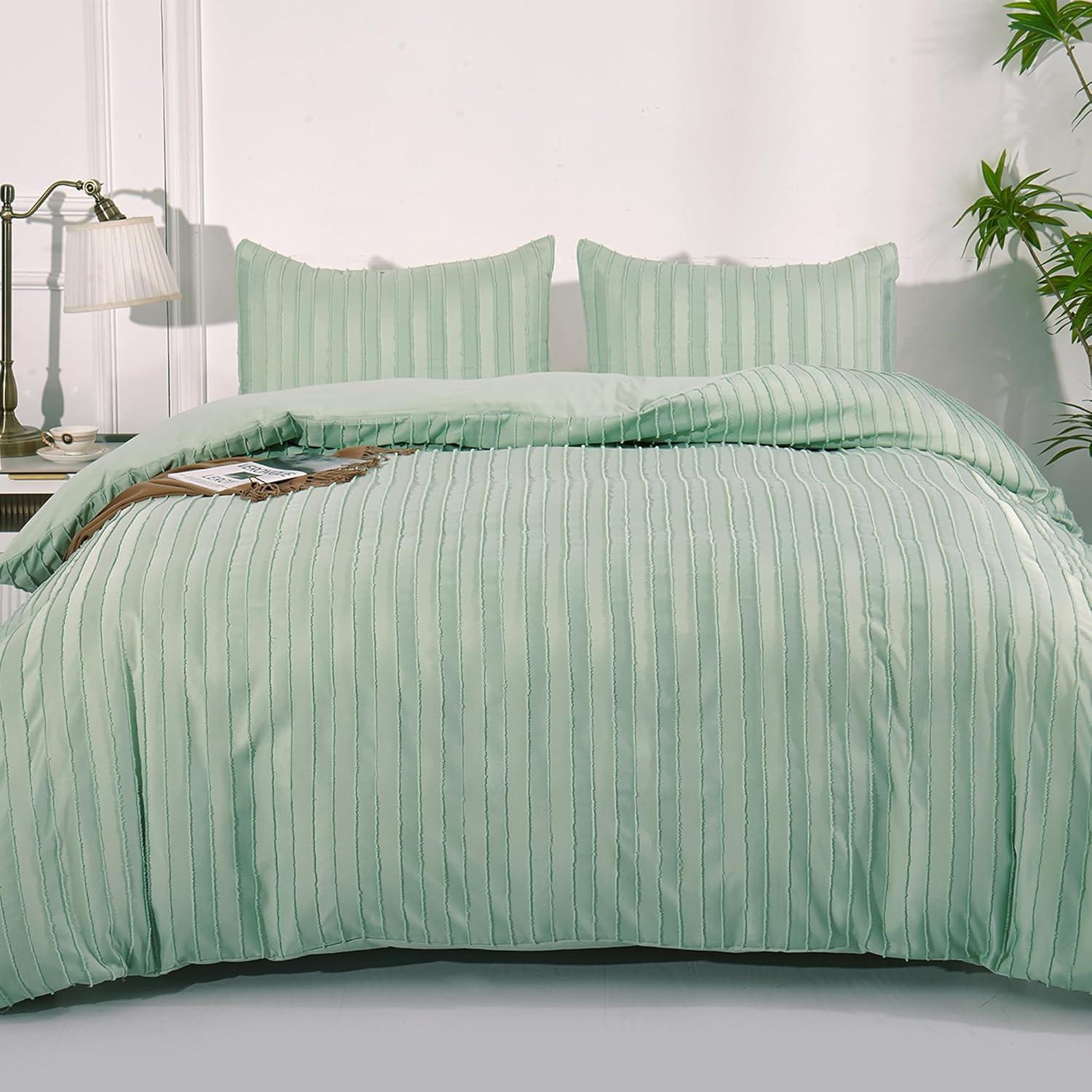 Sage Green Striped Textured Queen Duvet Cover Set