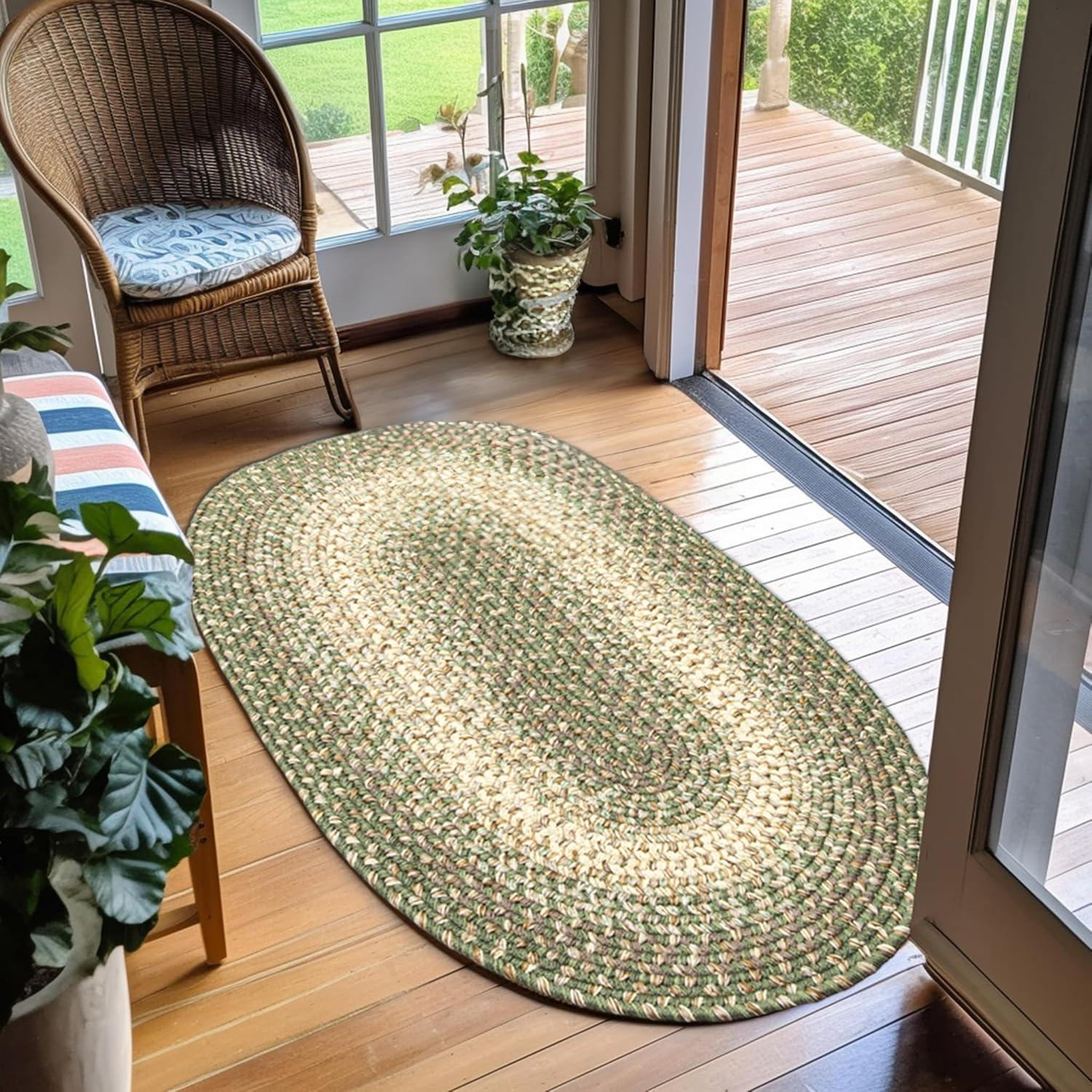 Forest Green and Beige Oval Braided Farmhouse Rug 2' x 3'