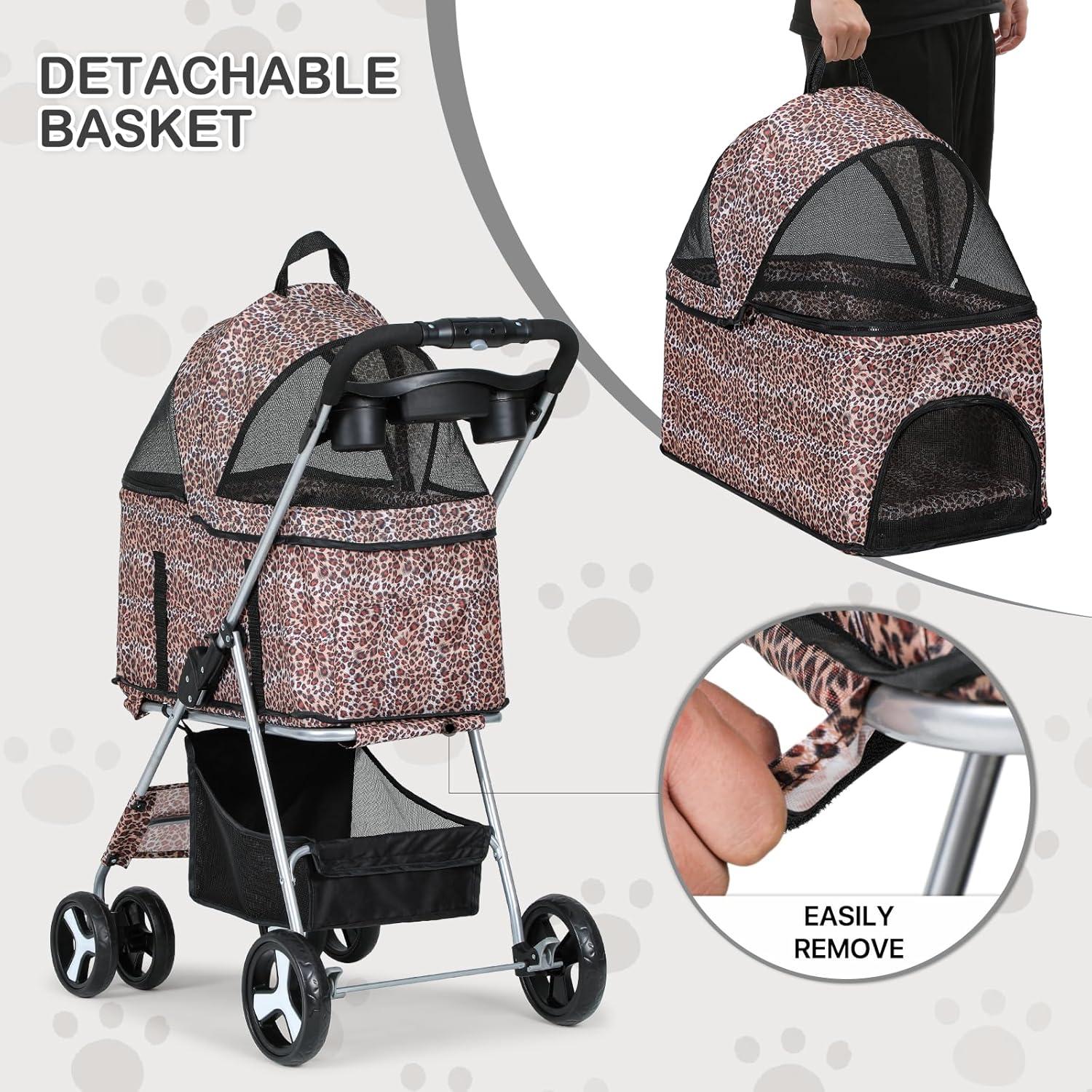 MoNiBloom Folding Pet Stroller, Foldable Dog Jogger Stroller with Detachable Carrier, Basket and Cup Holder
