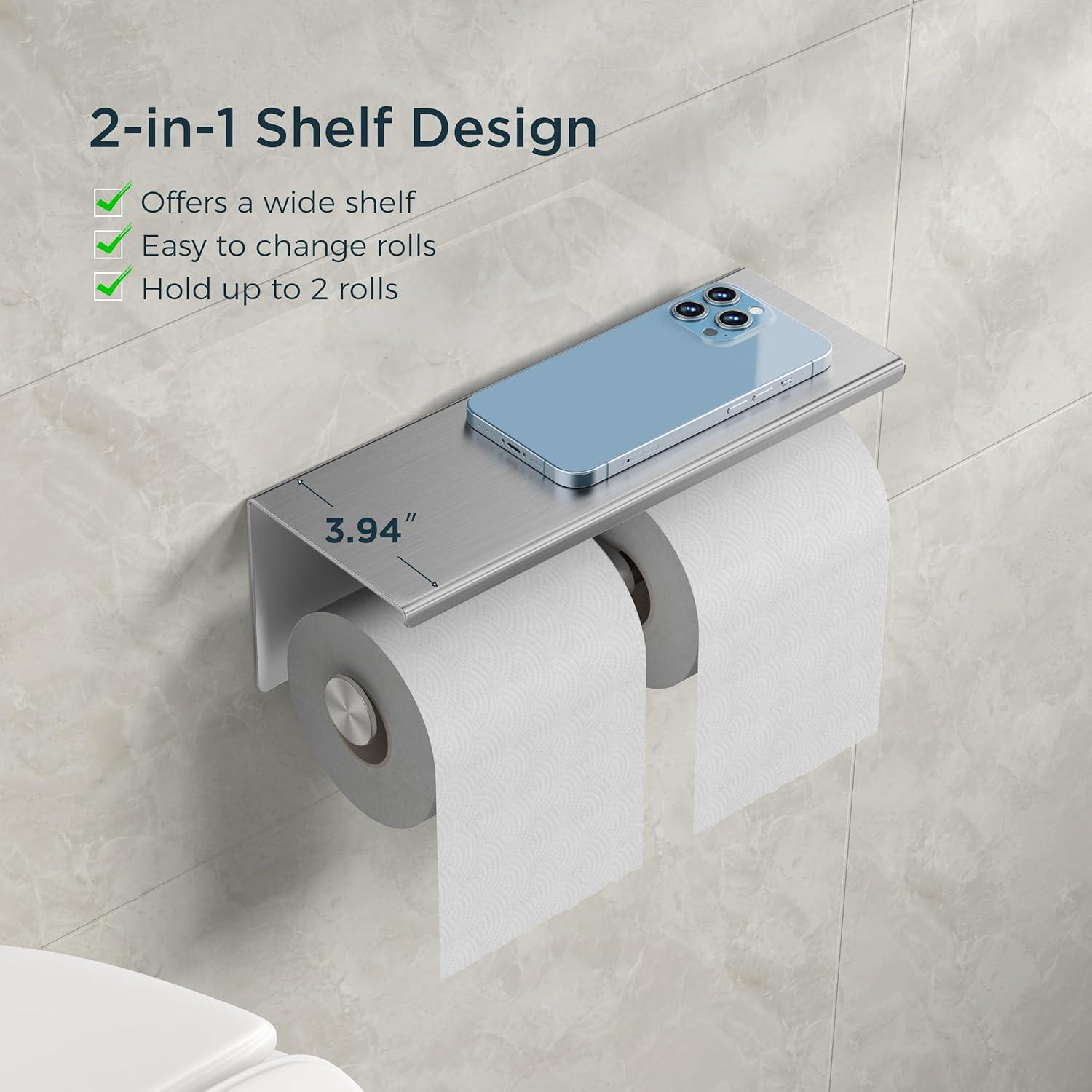 Toilet Paper Holder with Shelf Brushed Nickel Double Head Toilet Tissue Roll Holder 304 Stainless Steel Wall Mount for Bathroom