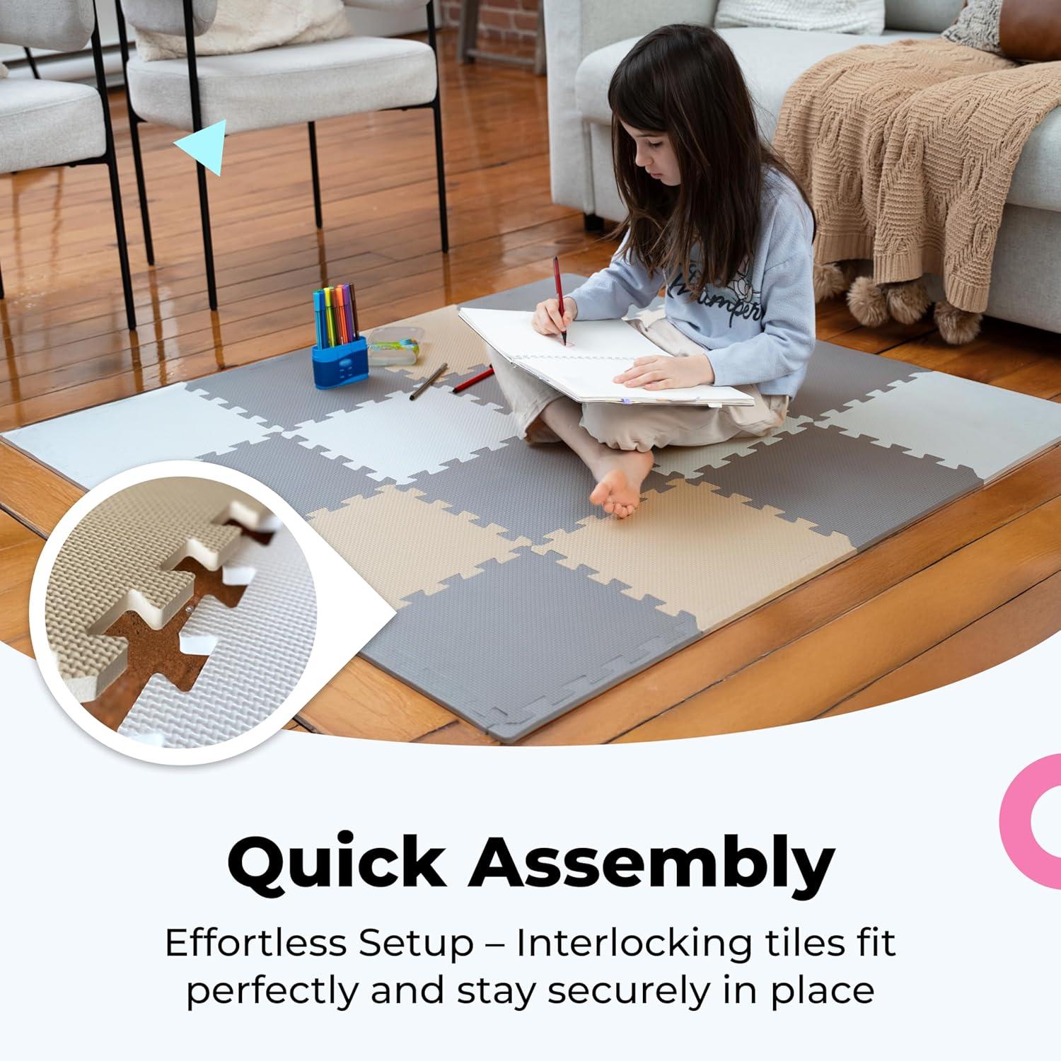 MioTetto Non-Toxic Foam Play Mat for Babies & Kids, Interlocking Puzzle Tiles, Cream-Gray-Beige, 18 Pieces – Perfect for Tummy Time, Crawling, Nursery, Playroom, or Gym