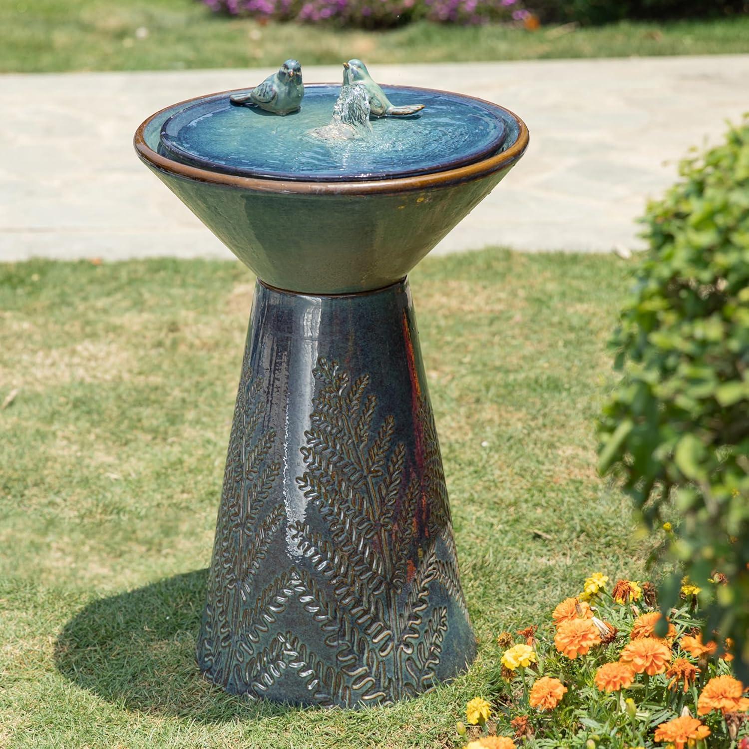 Glitzhome 27.5" Fountain with Pump and LED Light Embossed Pedestal Ceramic Bird Bath, Turquoise