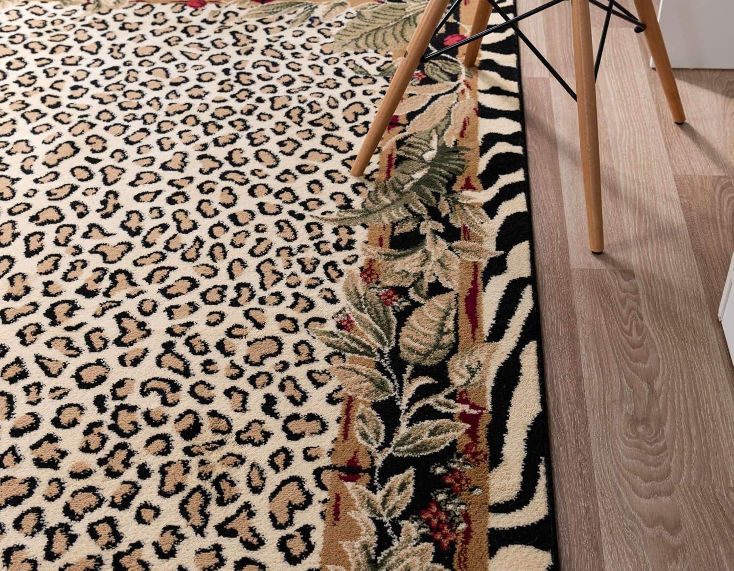 Ivory and Black Rectangular Floral Synthetic Area Rug