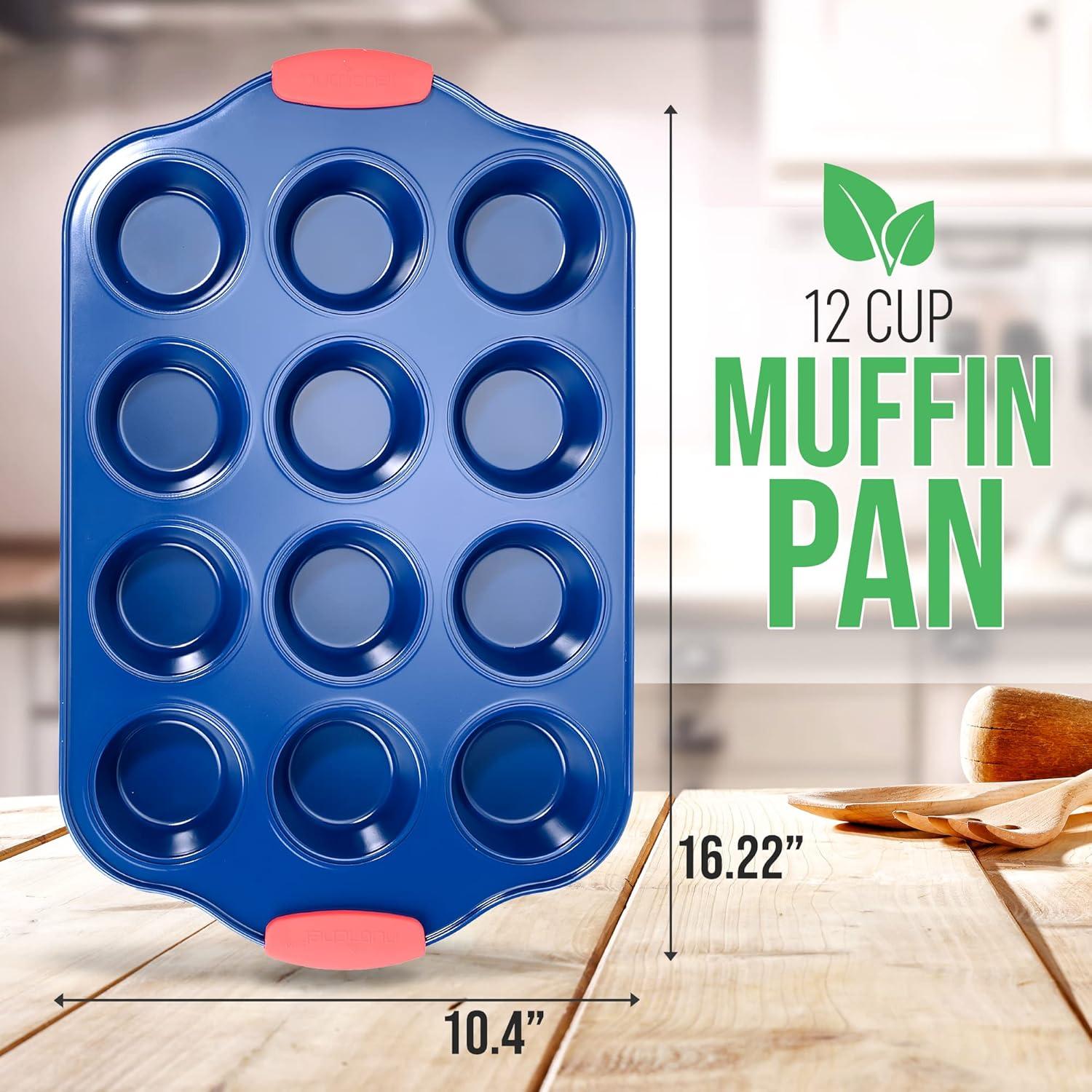 NutriChef 12 Cup Muffin Pan - Deluxe Nonstick Blue Coating Inside & Outside