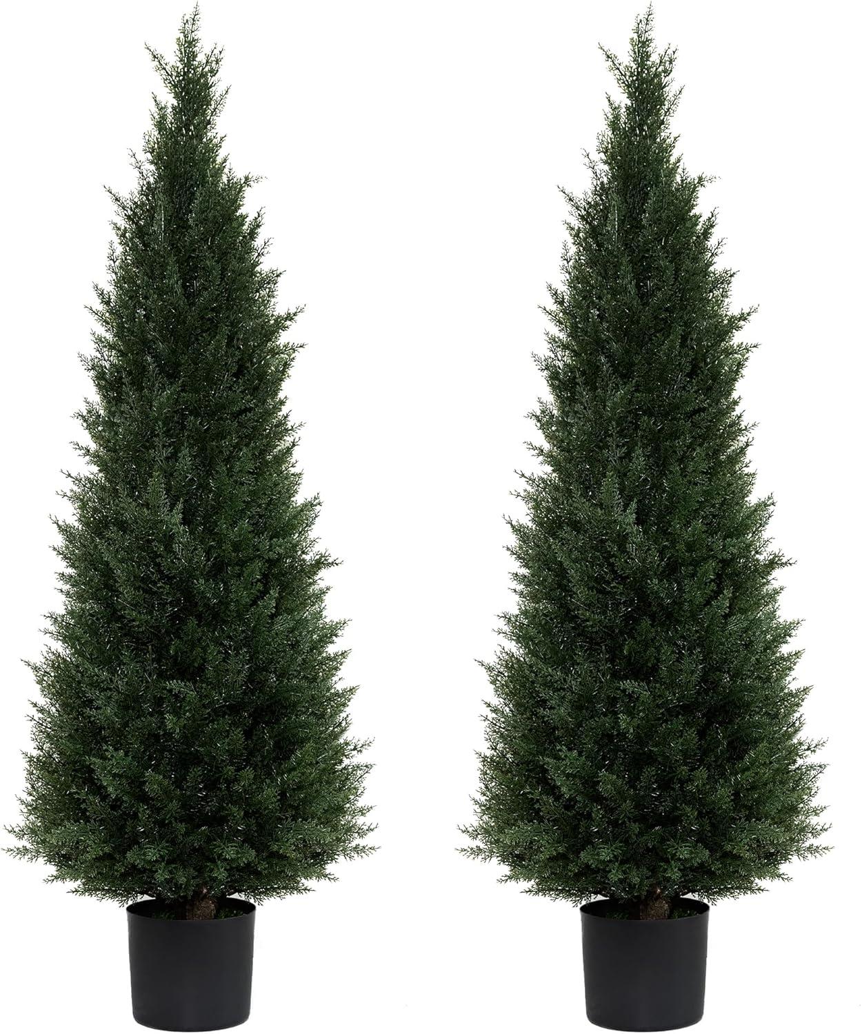 Artificial Cedar Tree 2 Pack 4 ft Outdoor Artificial Topiary Cedar Plants Fake Tree UV Rated Potted Tree for Perfect Housewarming Gift, Set of 2