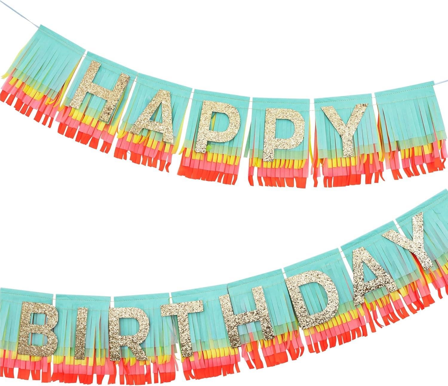 Rainbow Fringe Happy Birthday Banner with Gold Glitter Letters