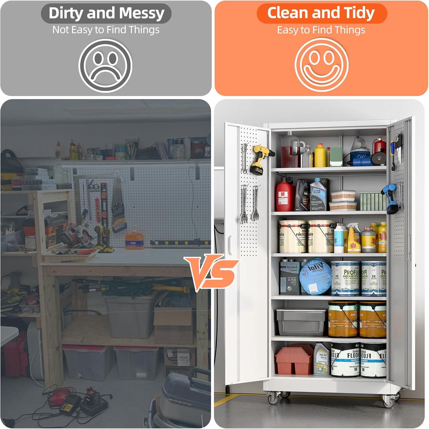 AOBABO 72 Inch Locking Metal Garage Home Office Storage Cabinet with Universal Rubber Wheels/Lockable Casters and Magnetic Doors, White