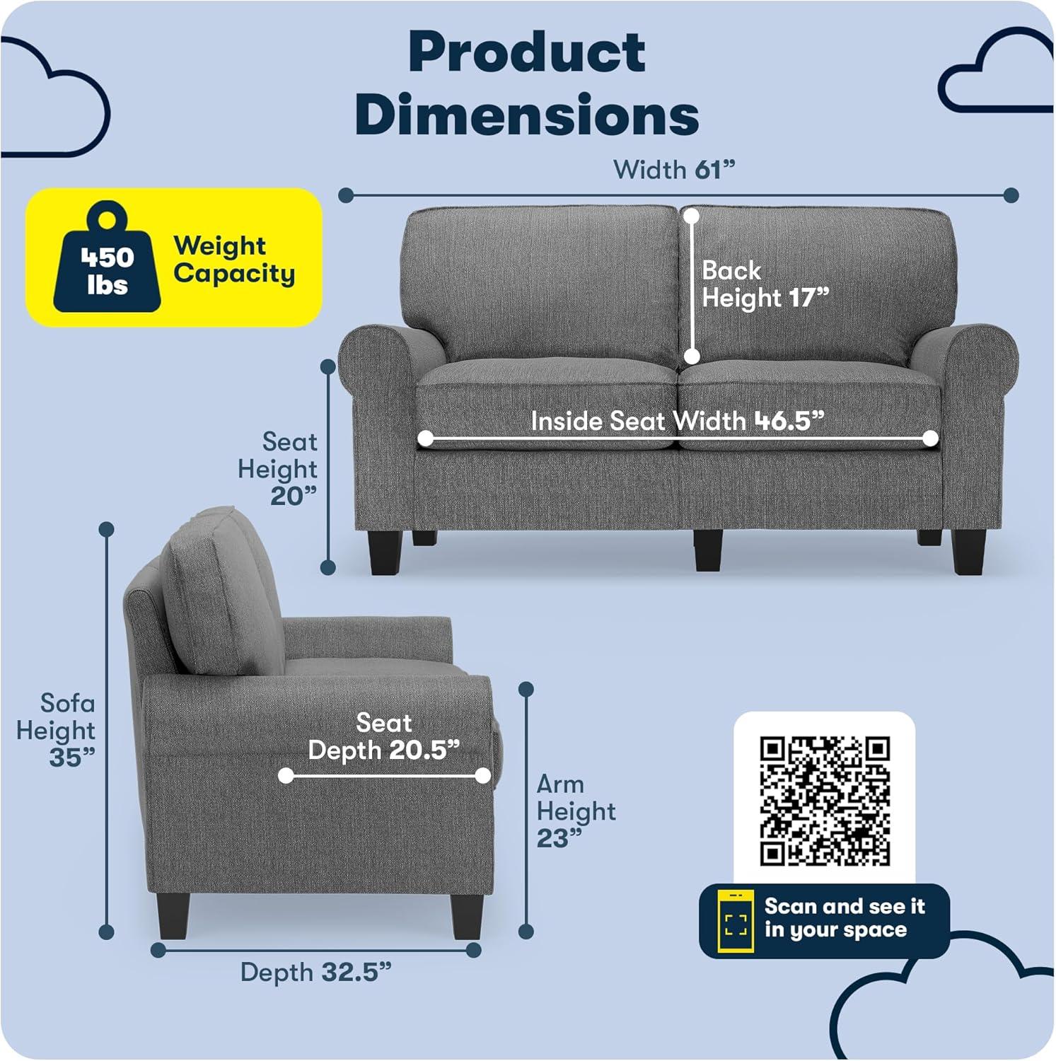 Serta Copenhagen 61" Rolled Arm Sofa, Easy Care Fabric, Soft Pillow Back, Pocket Coil Seat Cushions