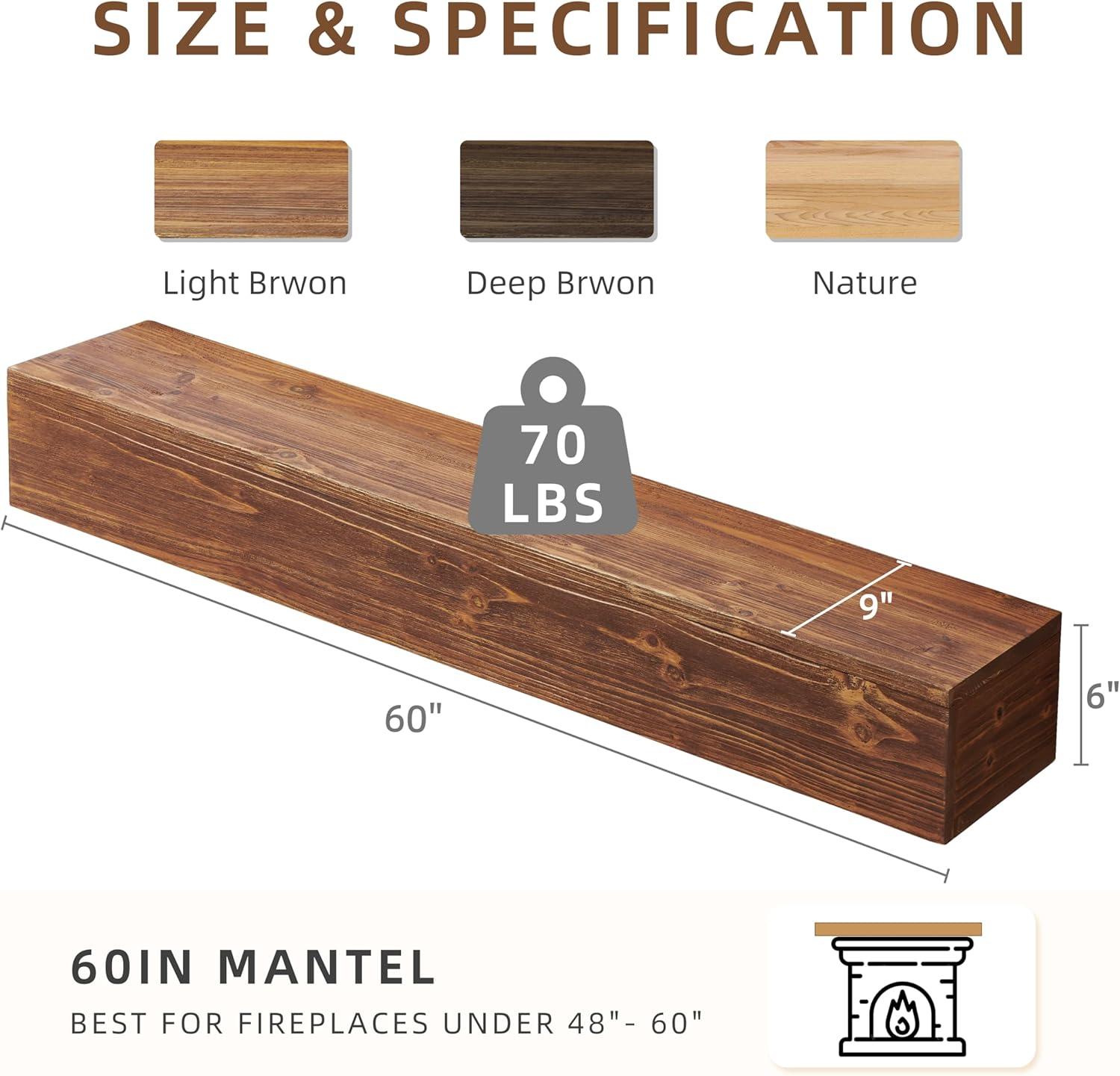 60" Rustic Wood Fireplace Mantel | Wall-Mounted & Floating Shelf for Home Decor