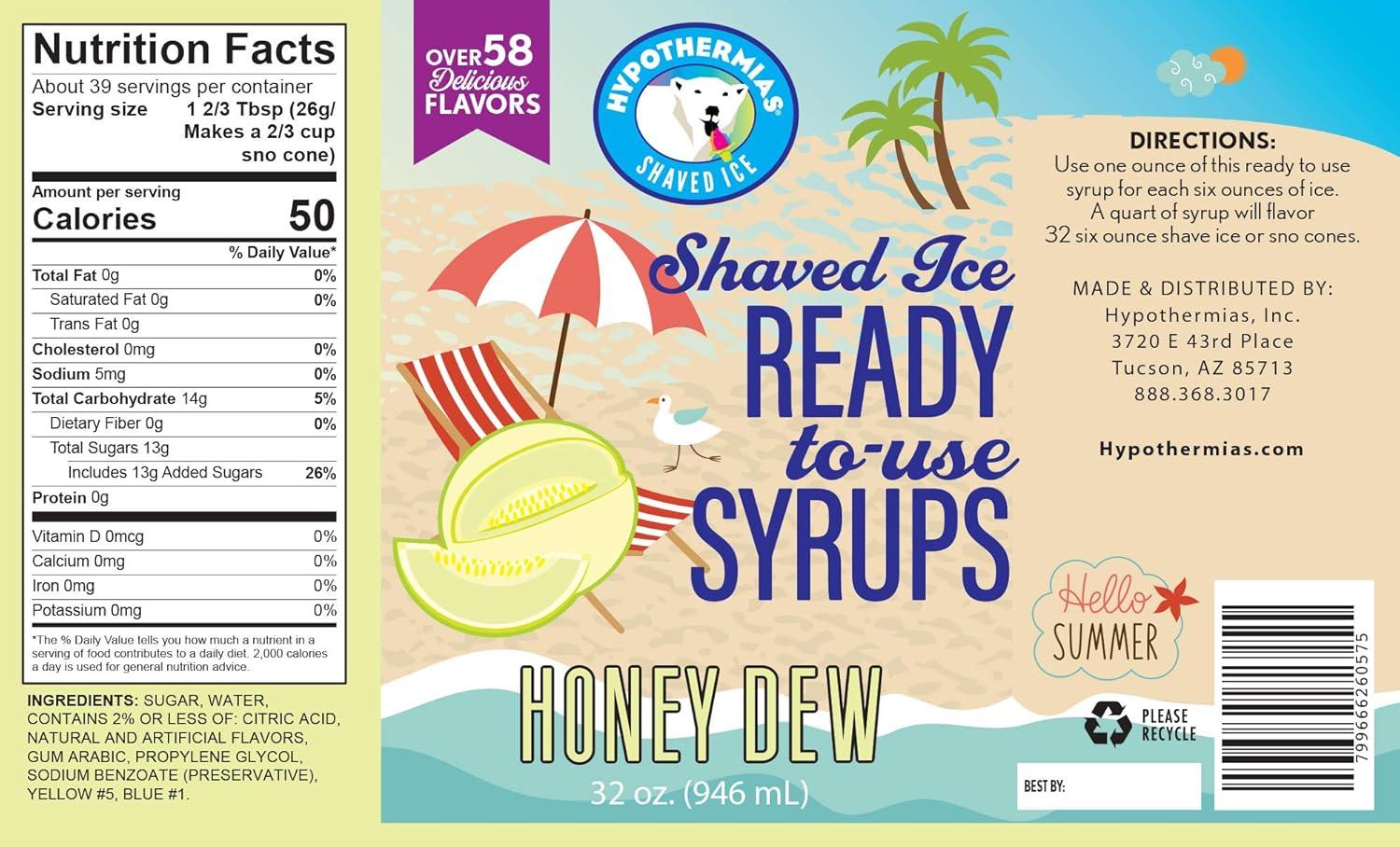 Honey Dew Hypothermias Hawaiian Snow Cones Flavor Syrups for Drinks, Coffee, Shaved Ice & Slushie, Piraguas, Raspados, Soda Flavor Syrup, No Corn Syrup, Pure Cane Sugar Quart (32 fl. oz)