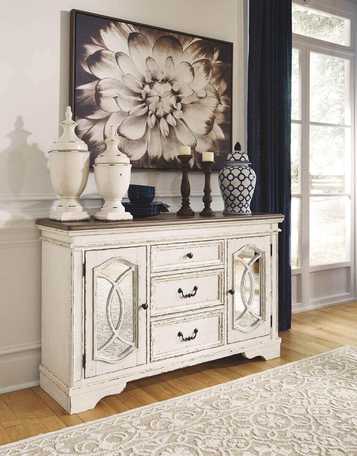 Chipped White and Distressed Wood Mirrored 59'' Rustic Sideboard