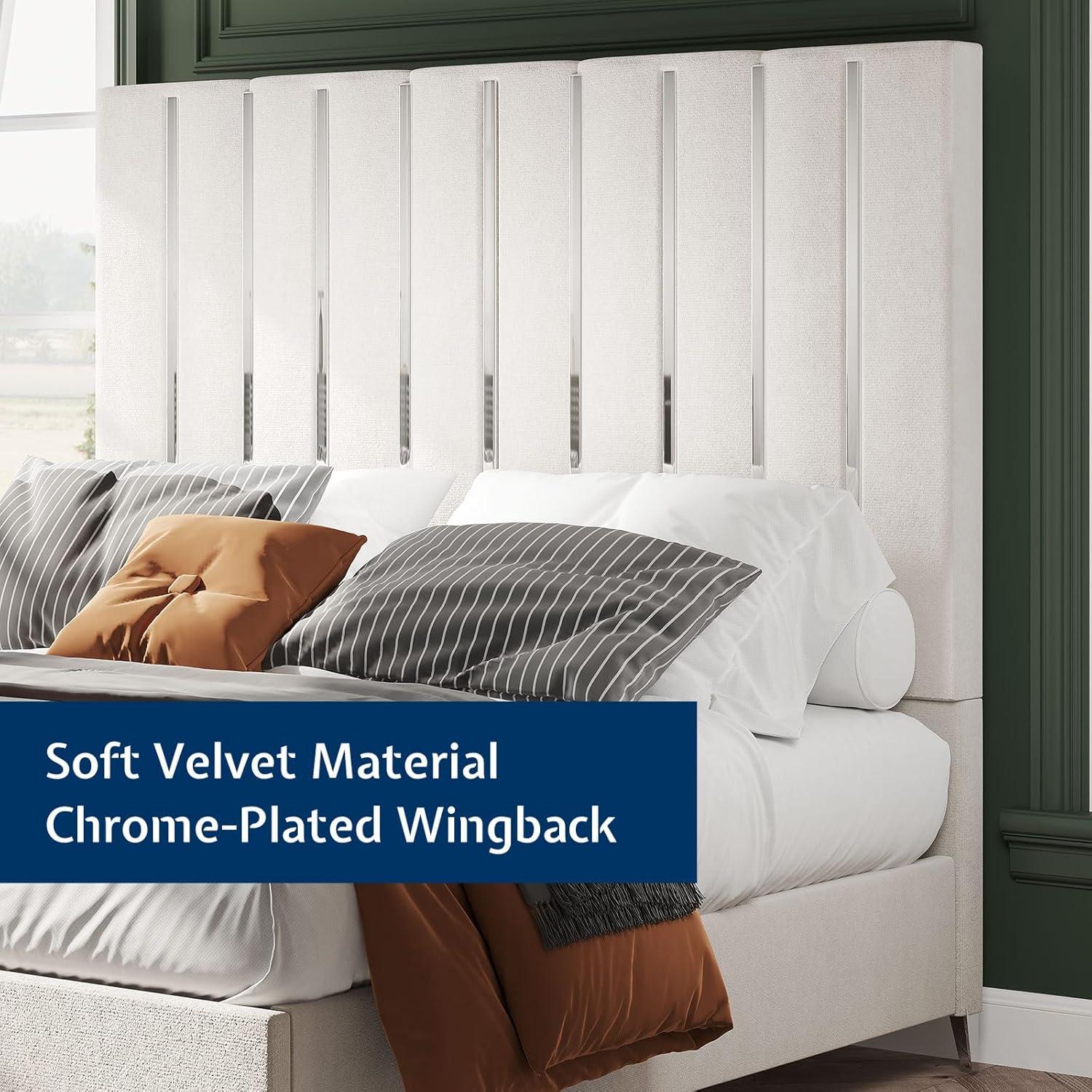 Merluxy King Size Bed Frame with 58" Tall Headboard, Velvet Upholstered Platform Bed with Channel Tufted Wingback Headboard and Plating Trim, Cream