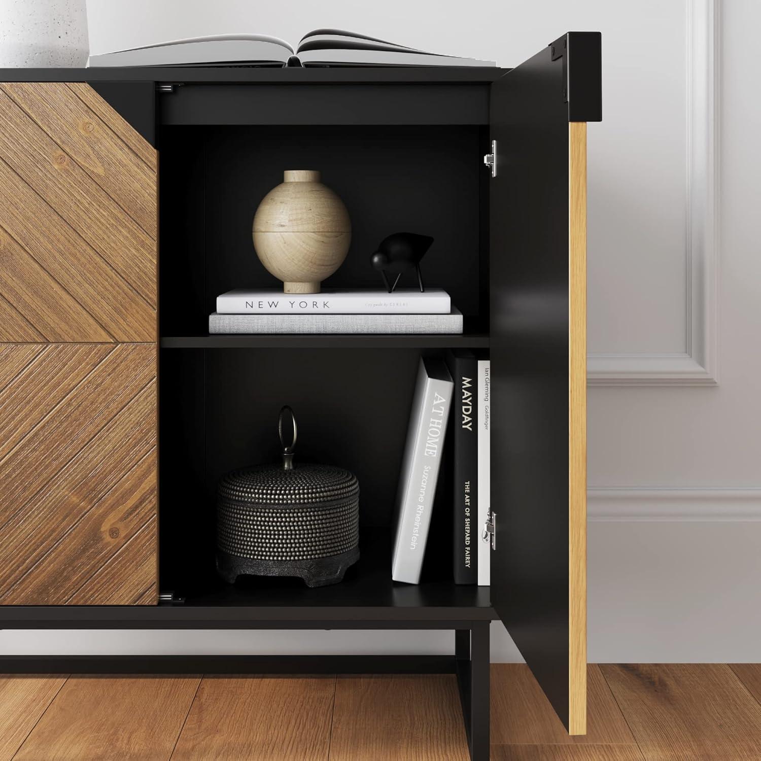 Nathan James Enloe Wood 2 Door Storage Cabinet Matte Black/Brushed Fir: Laminate Surface, Adjustable Shelf, Wood & Metal Frame