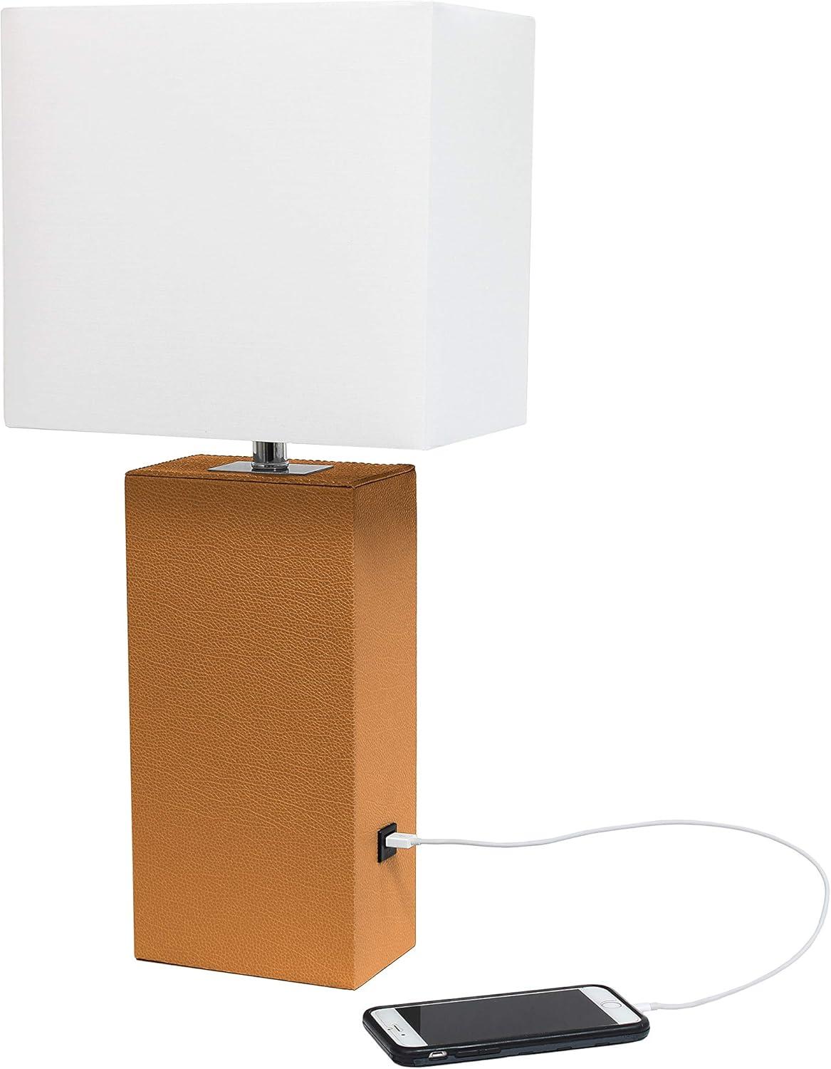 21" Lexington Leather Base Modern Home Decor Bedside Table Lamp with USB Charging Port and Fabric Shade Tan/White - Lalia Home: No Assembly