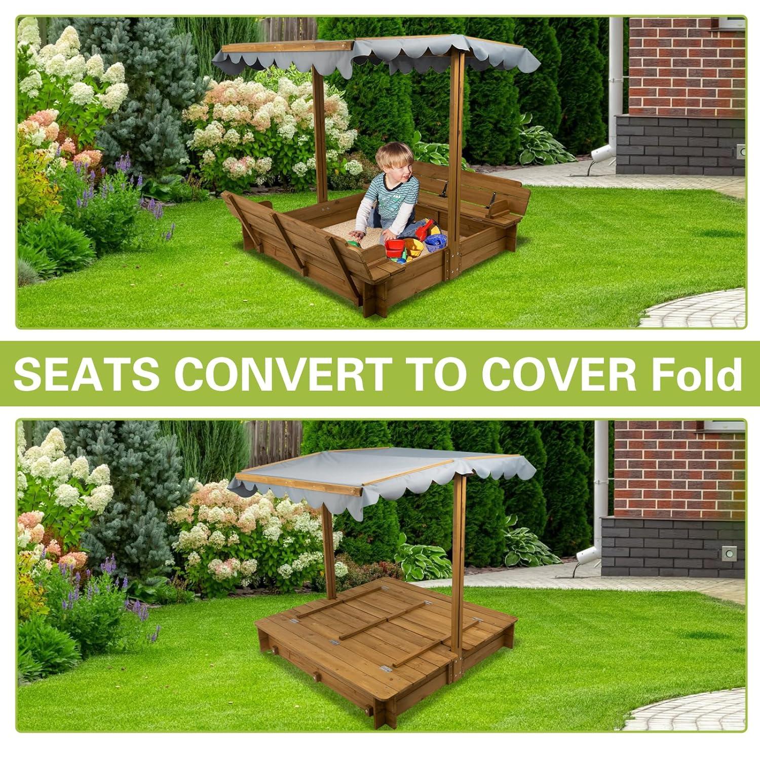PETSCOSSET Wooden Sandbox with Cover, 48x48" Kids Sandbox with 2 Foldable Bench Seats & UV-Resistant Canopy for Backyard Lawn