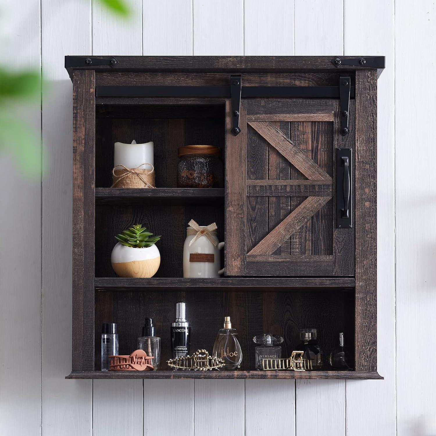 Dark Rustic Oak Farmhouse Wall Cabinet with Sliding Barn Door