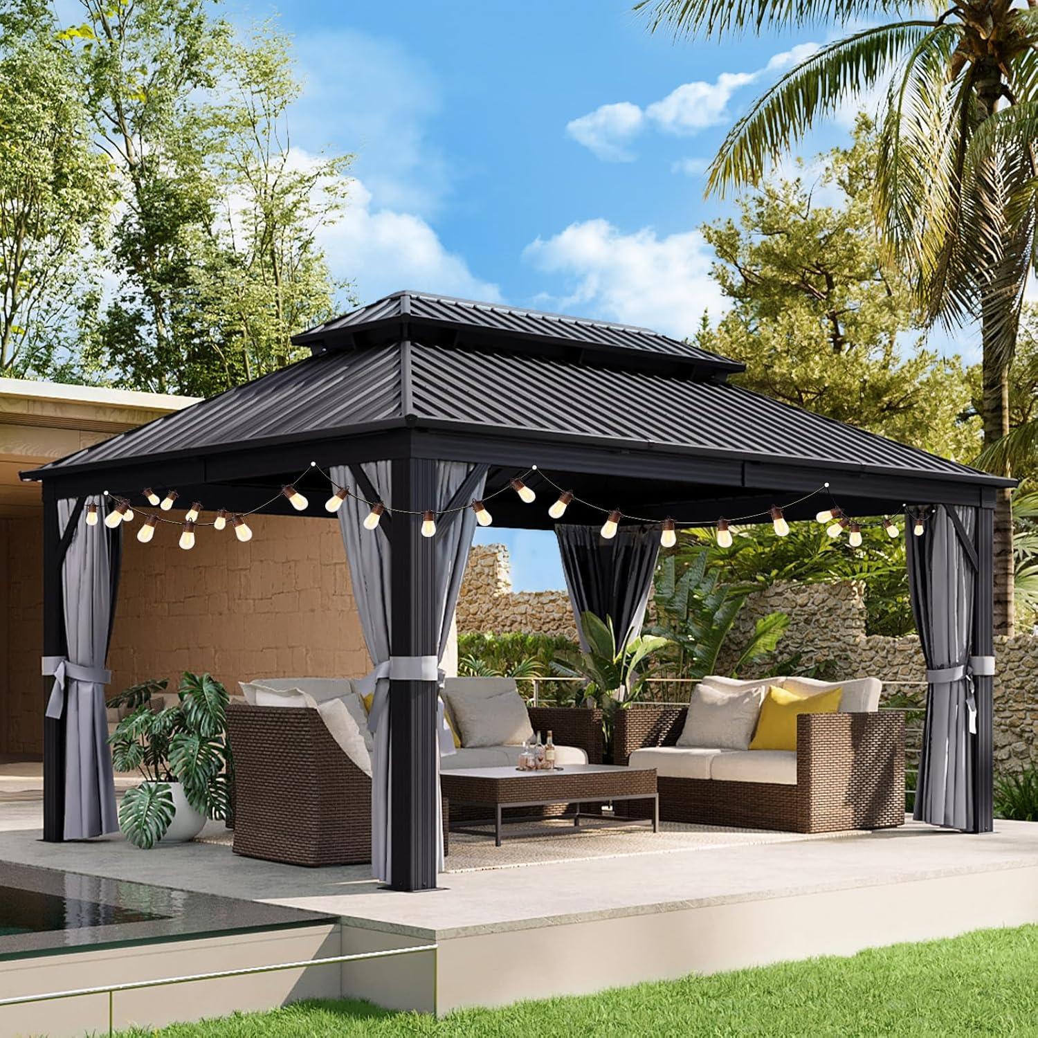 Kozyard Kozyard Alexander Gray Double Roof Hardtop Gazebo with Privacy Curtain Mosquito Netting