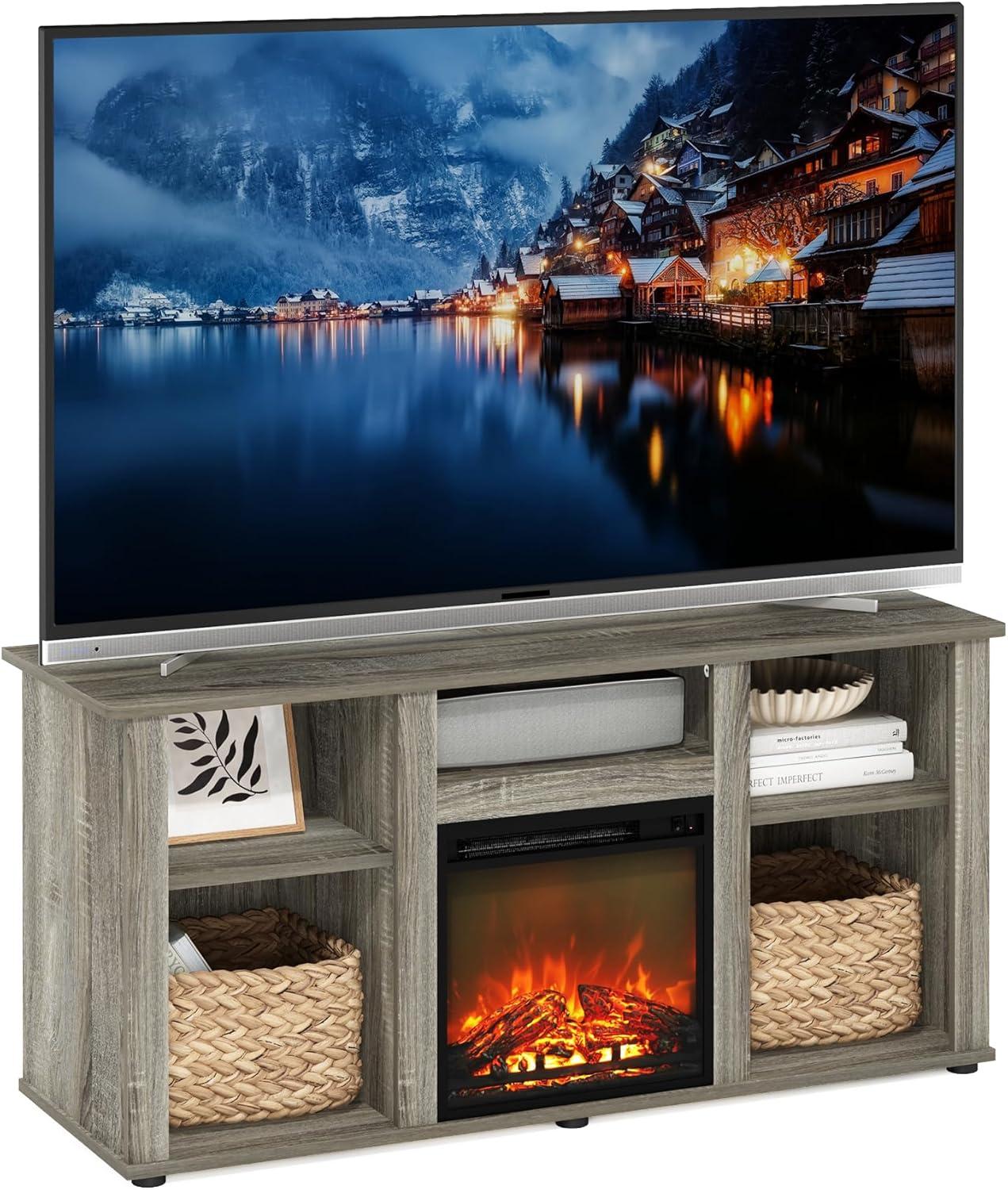 Furinno Jensen Fireplace TV Entertainment Center with Open Storage Compartment for TV up to 55 Inch, French Oak Grey