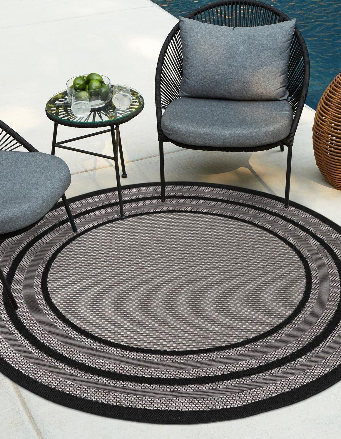 Unique Loom Outdoor Border Collection Area Rug - Multi Border (6' Round Gray/Black)