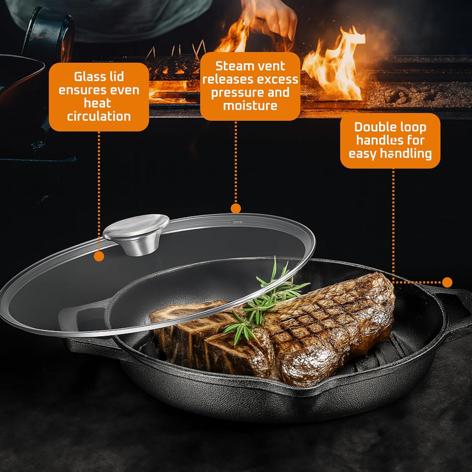 Bruntmor Enameled Cast Iron Skillet with Glass Lid | 10 Inch Deep Round Grill Pan and Frying Pan with Double Loop Handles | Black | Flat Cast Iron Skillet