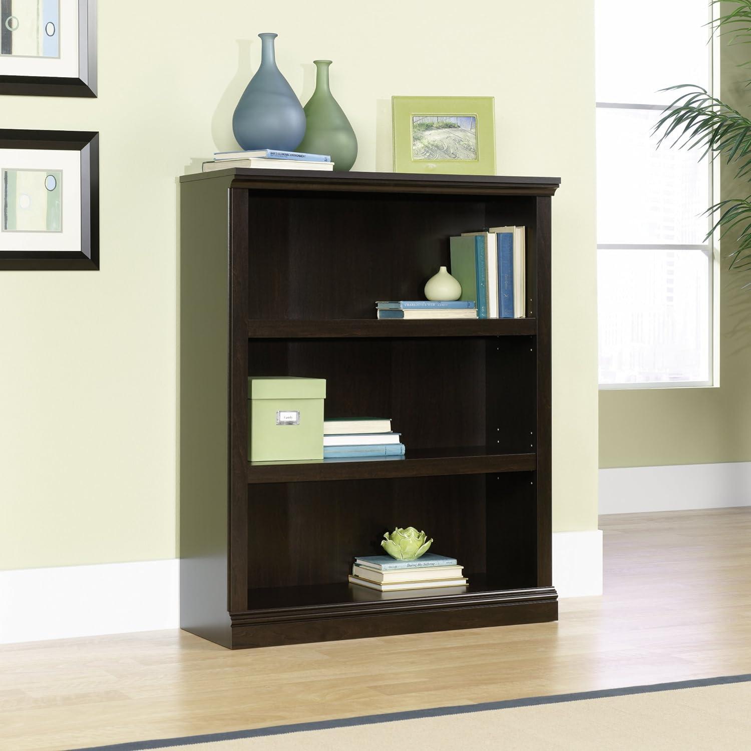 Adjustable Jamocha Wood 3-Shelf Bookcase in Black