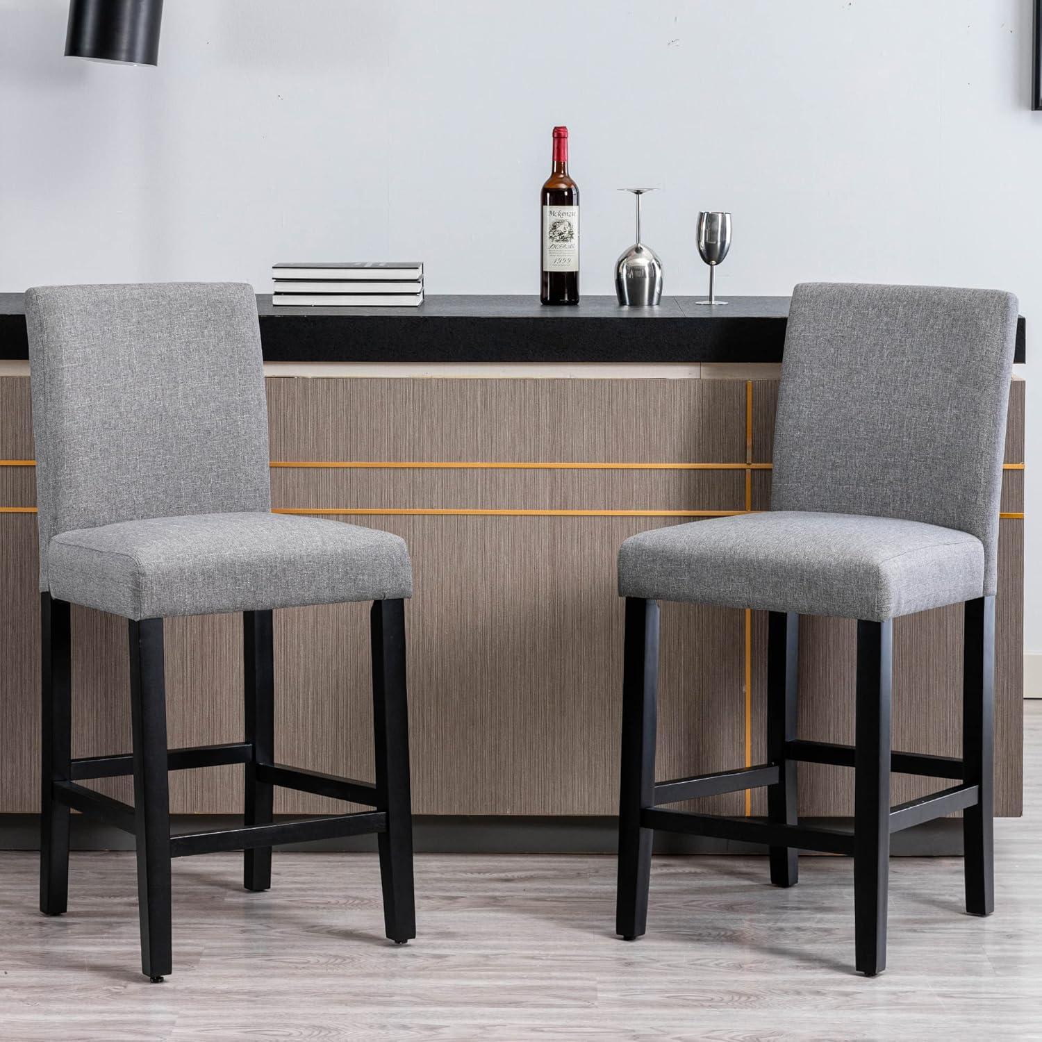 Set of 4 Gray Upholstered Counter Stools with Wood Legs