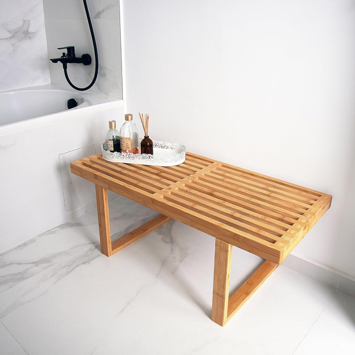 Bamboo Nelson Slat Wooden Bench, Small Wood Benches for Entryway, Living & Dining Room, Kitchen, Bedroom, Bathroom, Hallway, Front Door, For Indoor & Outdoor Patio Use, Mid Century Modern Decor