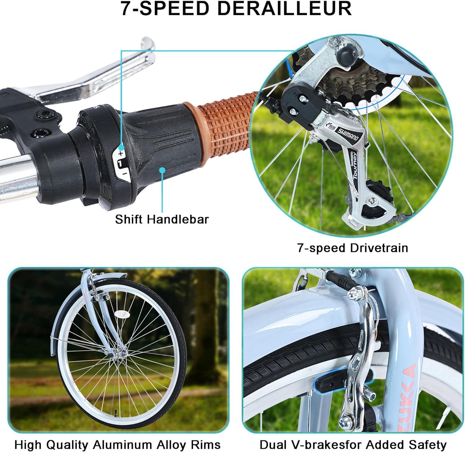 26" Womens Bike 7 Speeds Steel Frame Beach Cruiser Bike Comfort Ladies City Bike, Beige