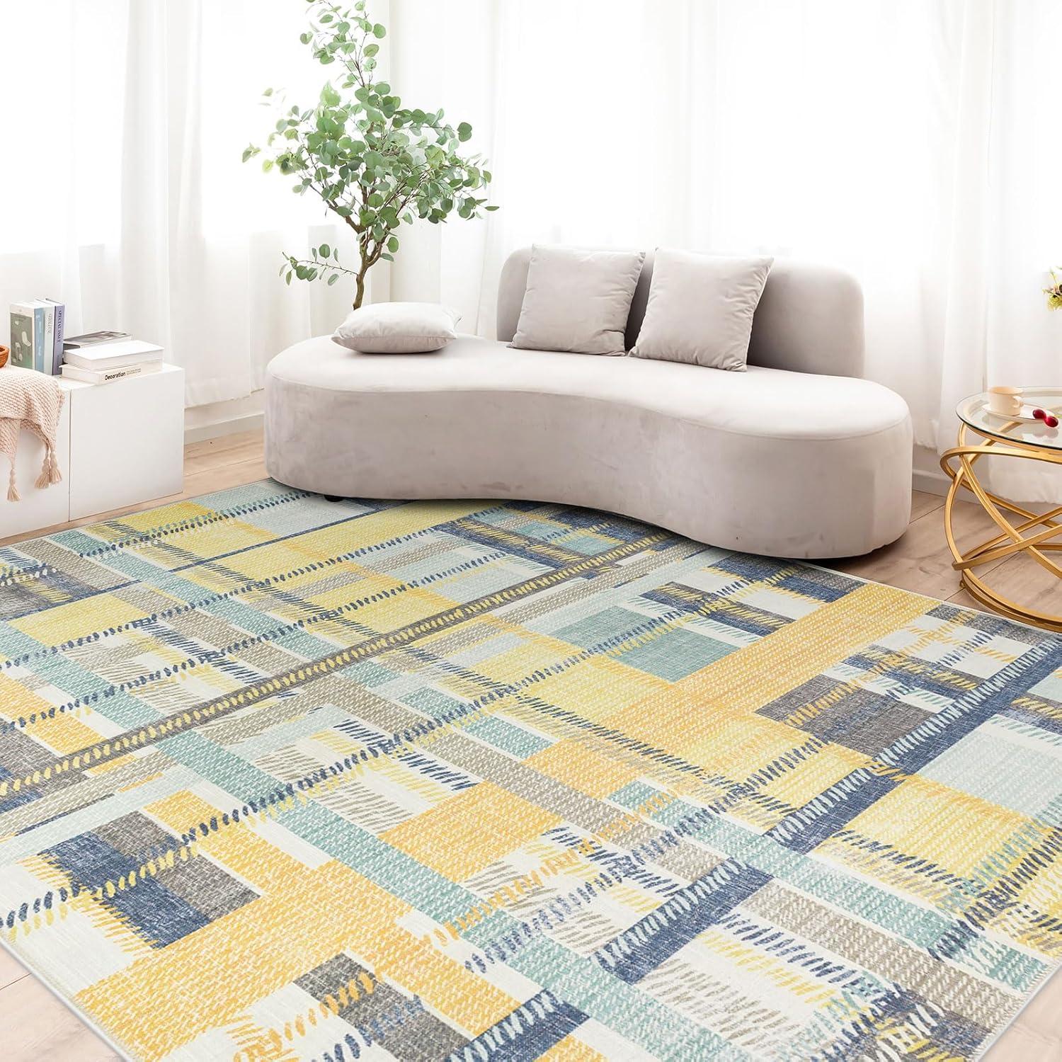 NELE Machine Washable Modern Lattice Area Rug Yellow/Blue Multi