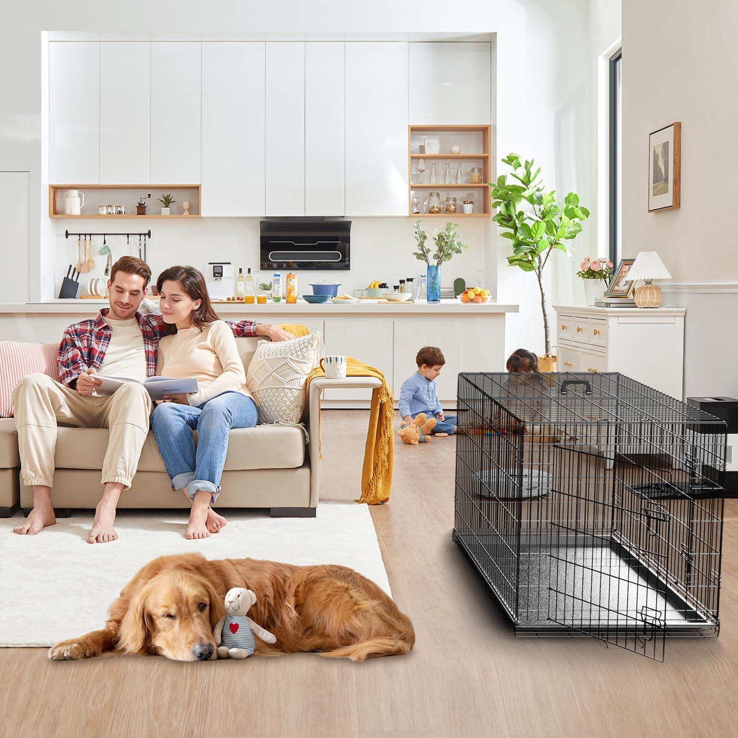 CL.HPAHKL Durable Large Dog Crate, Folding Metal Dog Kennel Double Door Dog Cage with Plastic Tray, Wire Crate for Large Dog Indoor Outdoor Travel (Black, 42 inch)