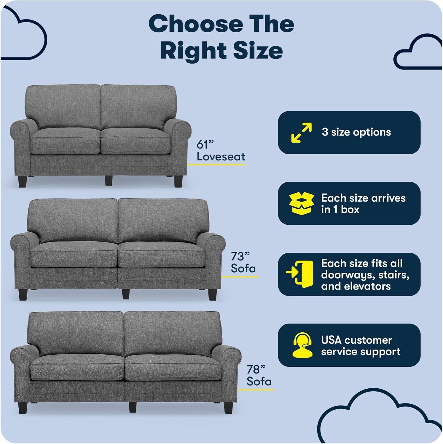 Serta Copenhagen 61" Rolled Arm Sofa, Easy Care Fabric, Soft Pillow Back, Pocket Coil Seat Cushions