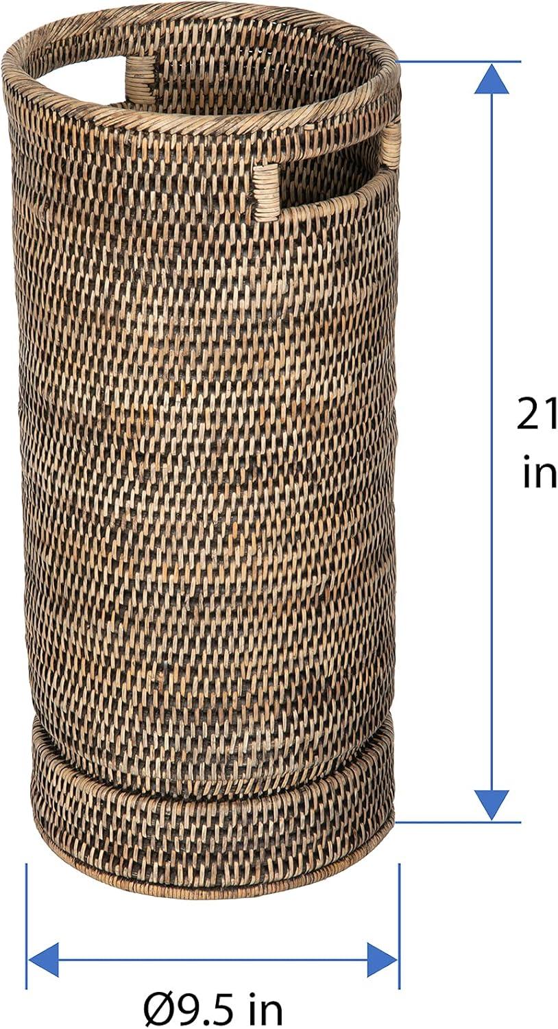 Kouboo La Jolla Rattan Round Handmade Umbrella Holder Freestanding Cane Stand Decorative, Catch, Stand For Entryway, Black Wash