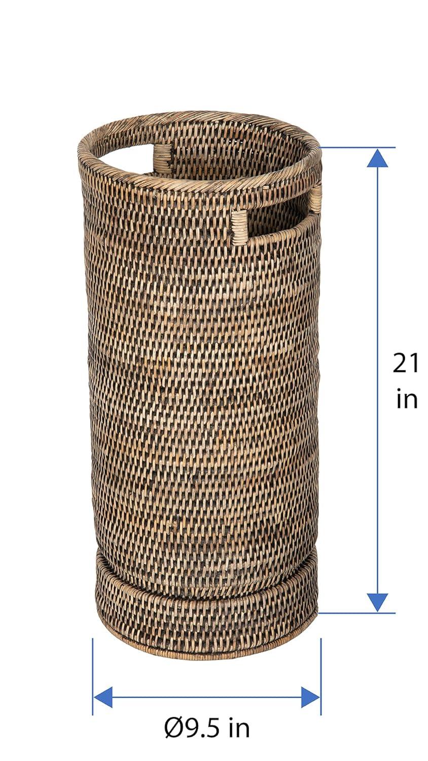 Kouboo La Jolla Rattan Round Handmade Umbrella Holder Freestanding Cane Stand Decorative, Catch, Stand For Entryway, Black Wash