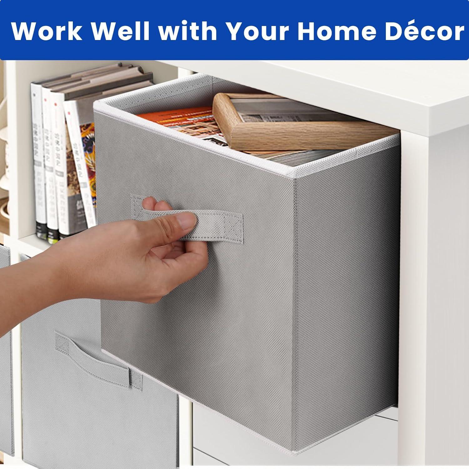 11 Inch Fabric Storage Cubes with Dual Handles, Collapsible Cube Bins for Shelves (10 Pack), Foldable Baskets for Clothes, Closet Organizers and Storage Box (Grey)