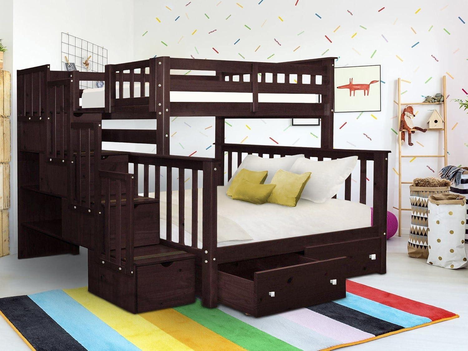 Dark Cherry Pine Wood Full Bunk Bed with Storage Drawers