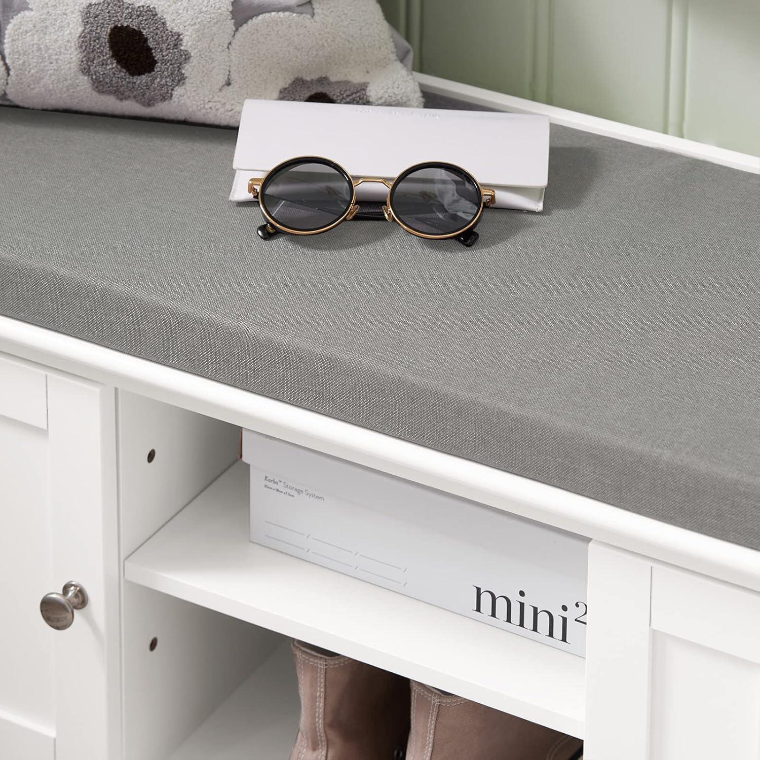 White MDF Storage Bench with Gray Cushion and Adjustable Shelves