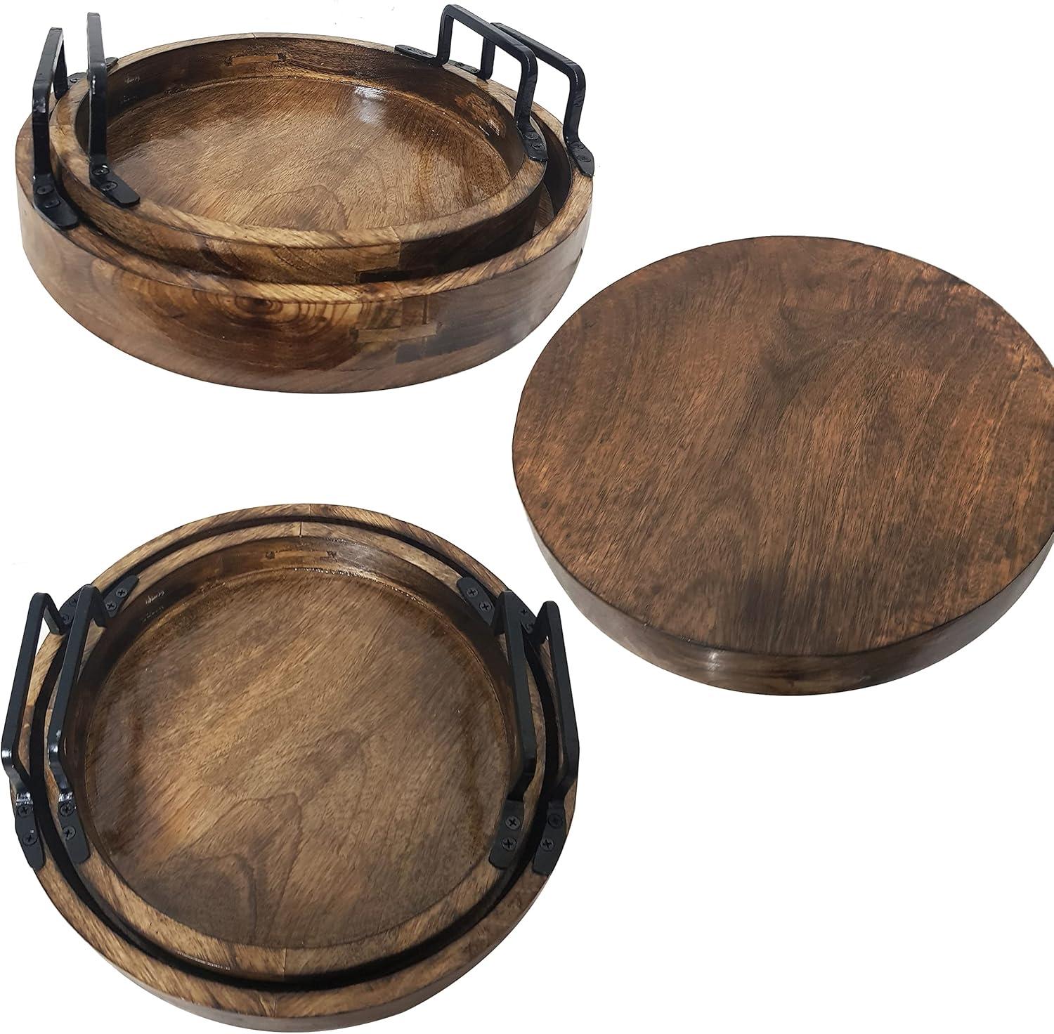 Collectiblesbuy Handmade Rustic Wooden Round Serving Tray Brown Color set of 2