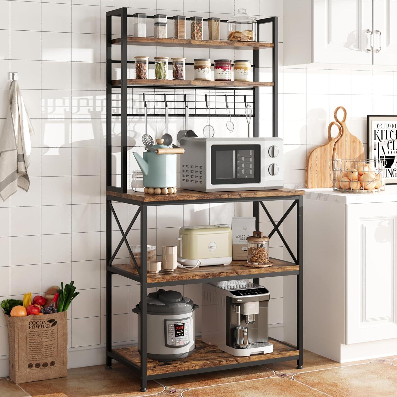 Rustic Brown and Black 5-Tier Kitchen Bakers Rack with Storage