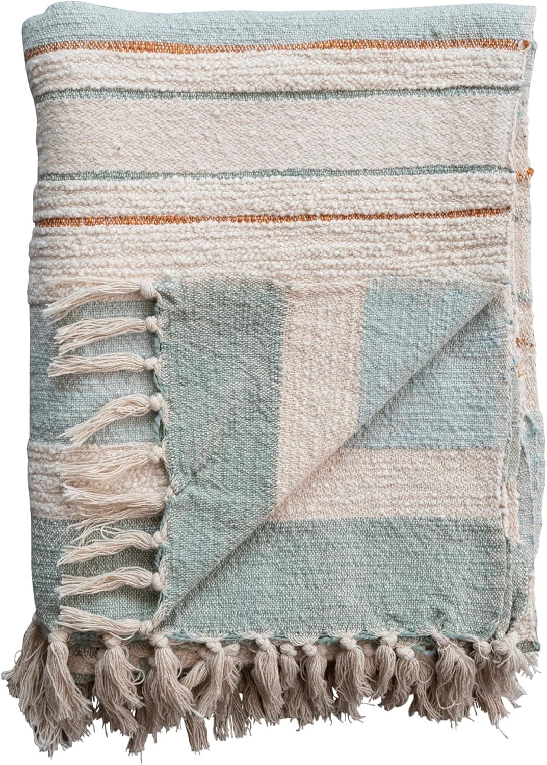 Blue and Cream Striped Cotton Throw with Fringe