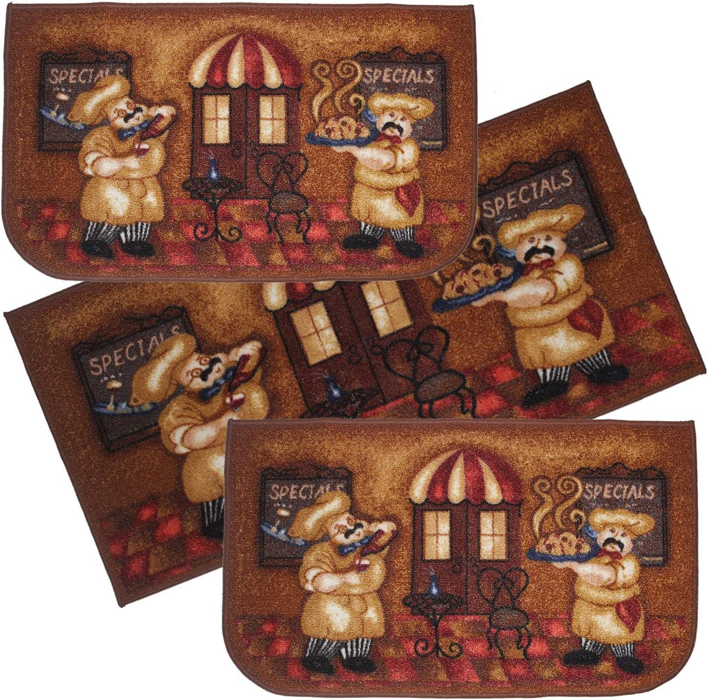 Kashi Home Kitchen Rug, Printed Area Rug, Durable Floor, Door Mat, Farmhouse Non-Slip Carpet Latex Backing Beautiful Design Chef 3pc Set (2 18x30 D Shape & 1 20x40)