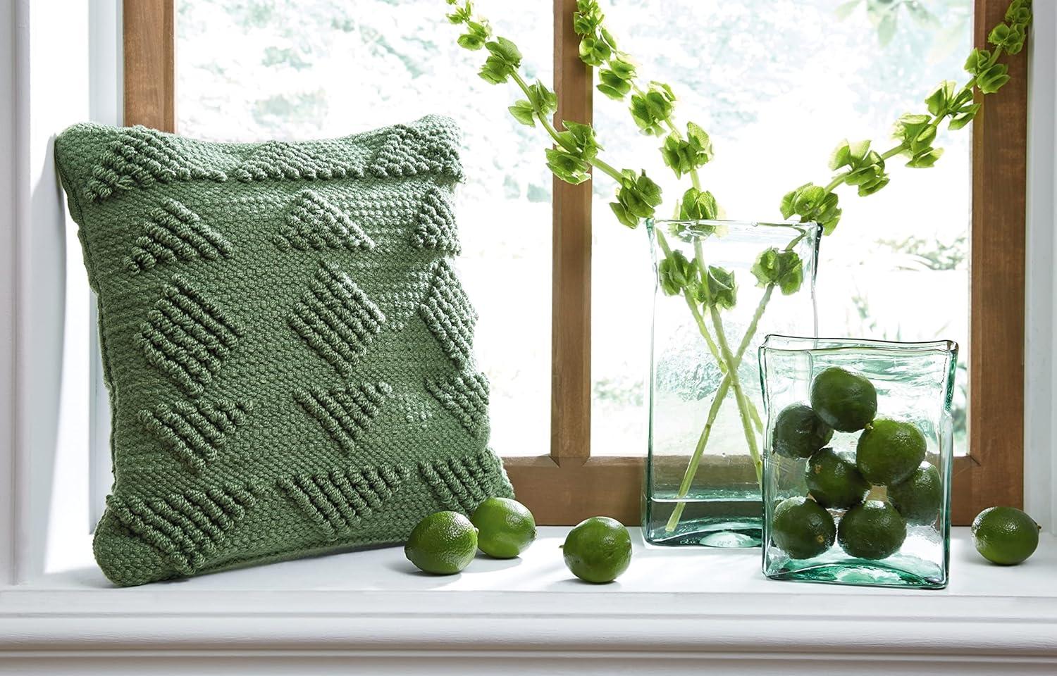 Green Handwoven Geometric 16" Square Indoor/Outdoor Pillow