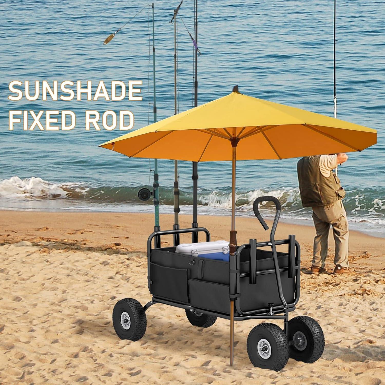 Heavy-Duty Foldable Fishing Cart with Pneumatic Wheels and Rod Holders