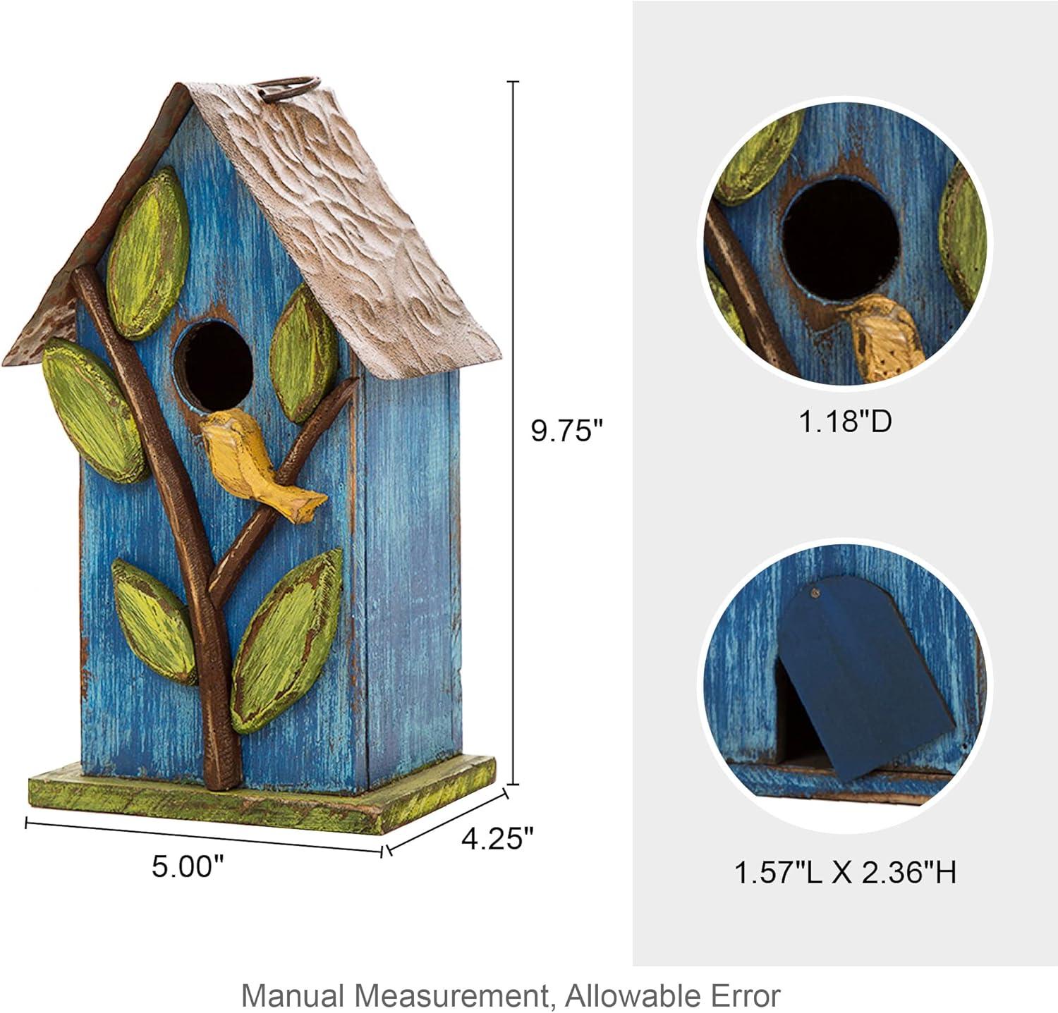 Distressed Blue Wooden Birdhouse with Leaf Accents