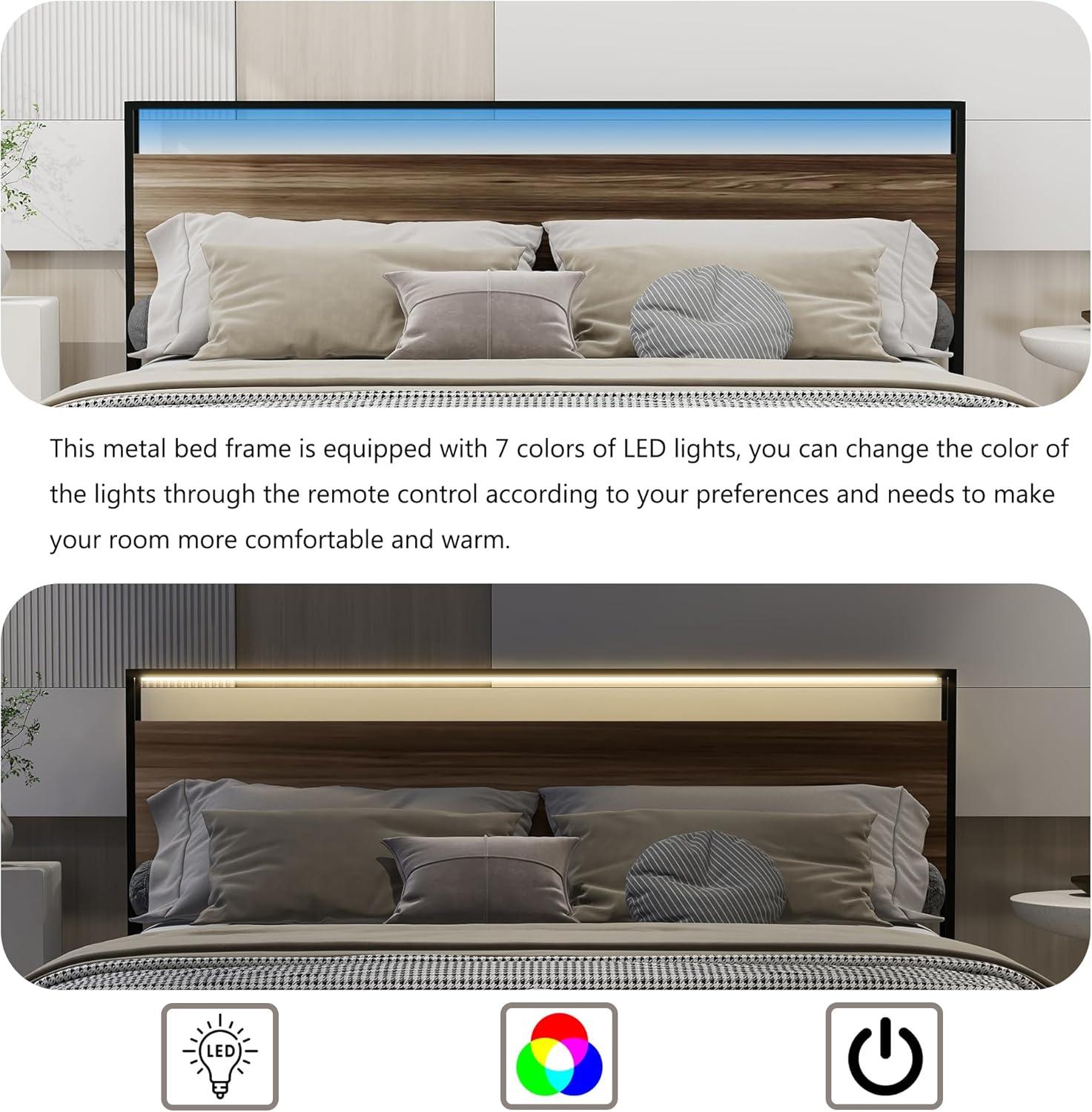 NNV Full Size Metal Platform Bed Frame with USB Ports, LED Lights Storage Headboard for Adults, Grey