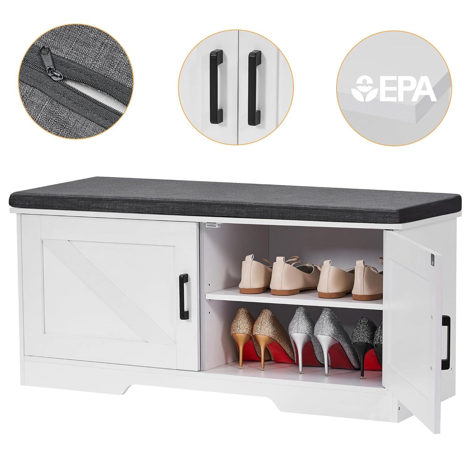 Gracie Oaks Gracie Oaks 2 Tier Shoe Storage Bench With Padded Seat Cushion, Entryway Bench With 2 Barn Doors, White, Adjustable Shelf, 13.8" D X 39.4" W X 17.7" H
