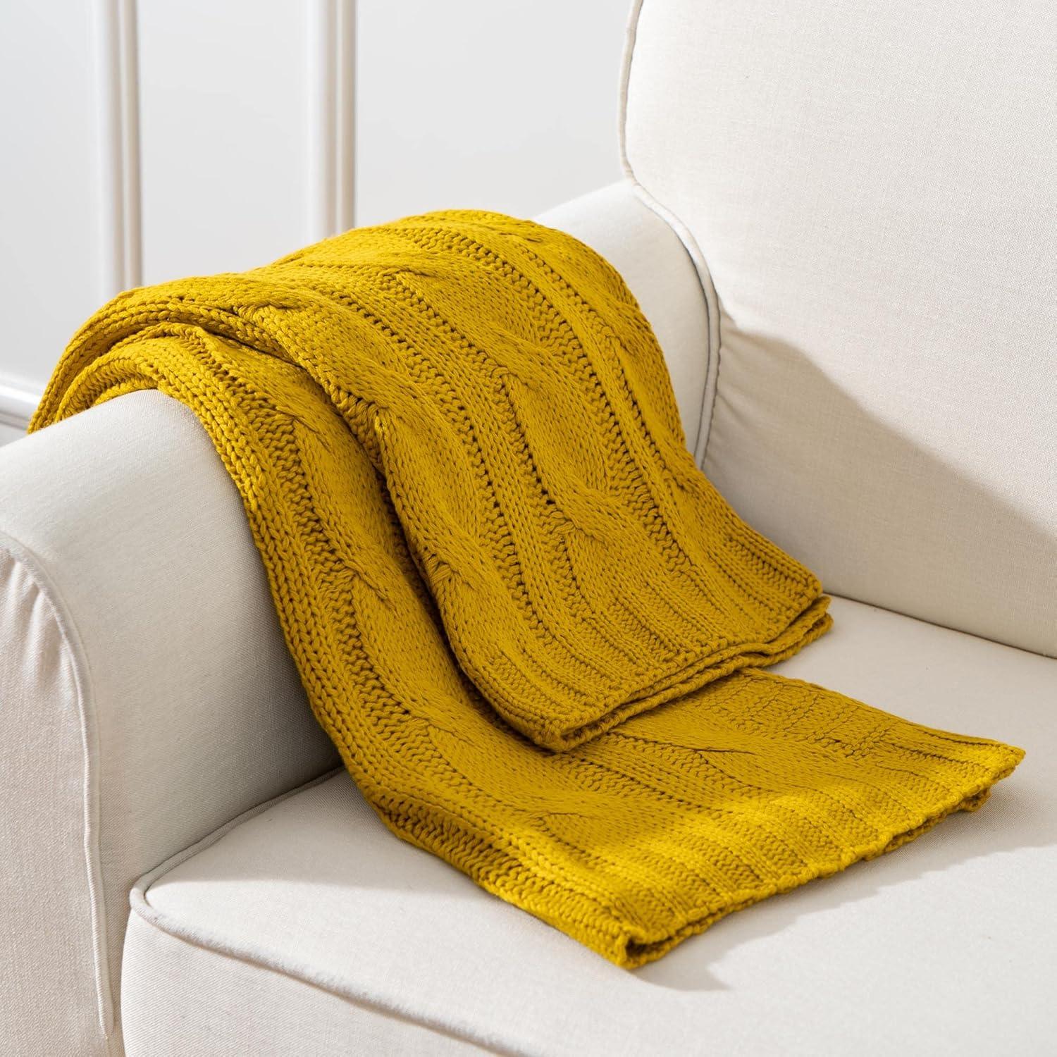 Battilo Mustard Cable Knit Blankets,Yellow Herringbone Blankets,Dorm Essentials,50" x 60"