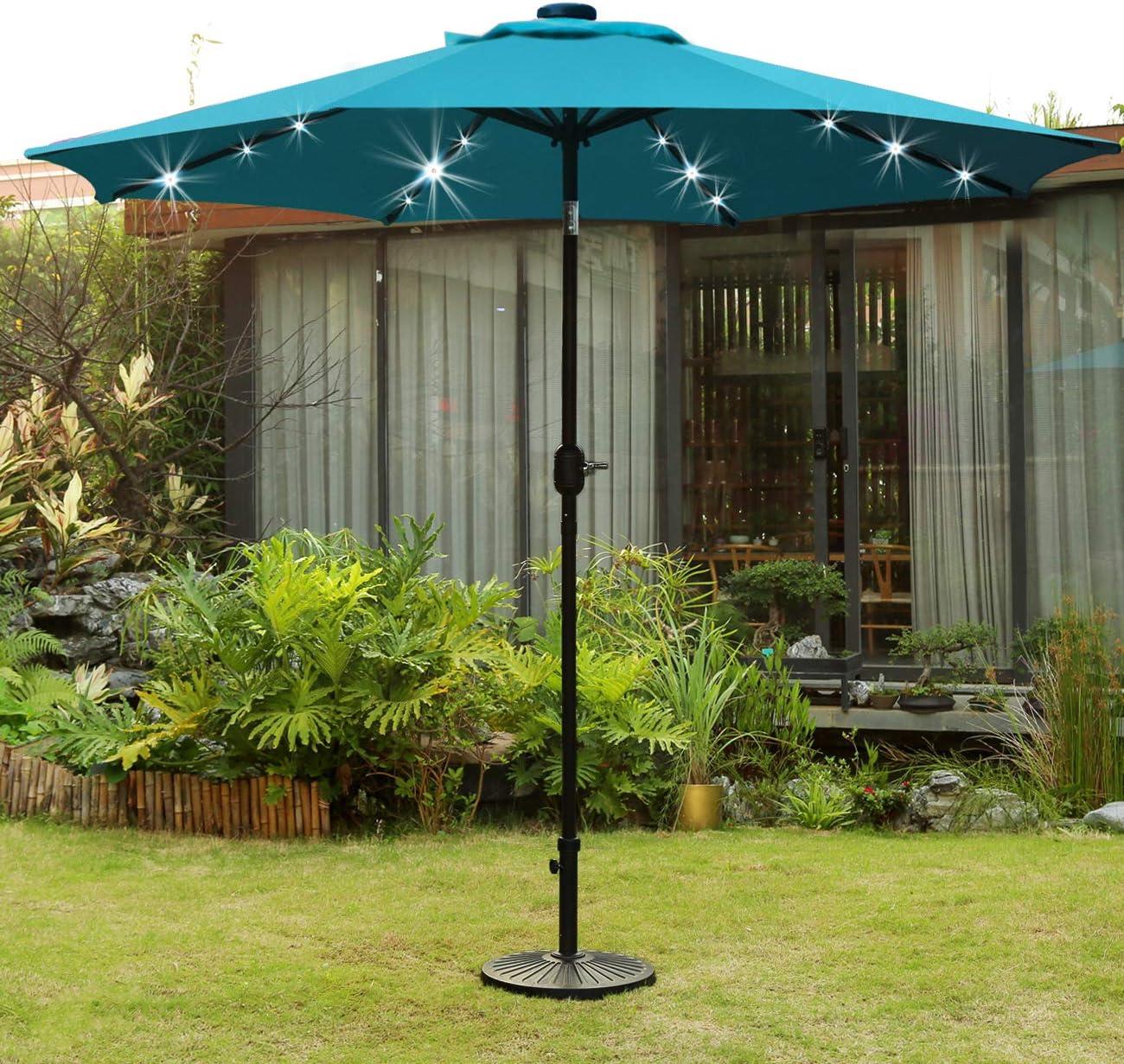 Teal Blue 9' Solar LED Lighted Patio Umbrella with Crank Lift and Tilt