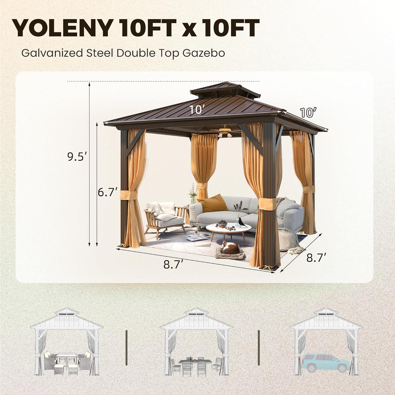 Erommy Hardtop Gazebo with Galvanized Steel Double Roof