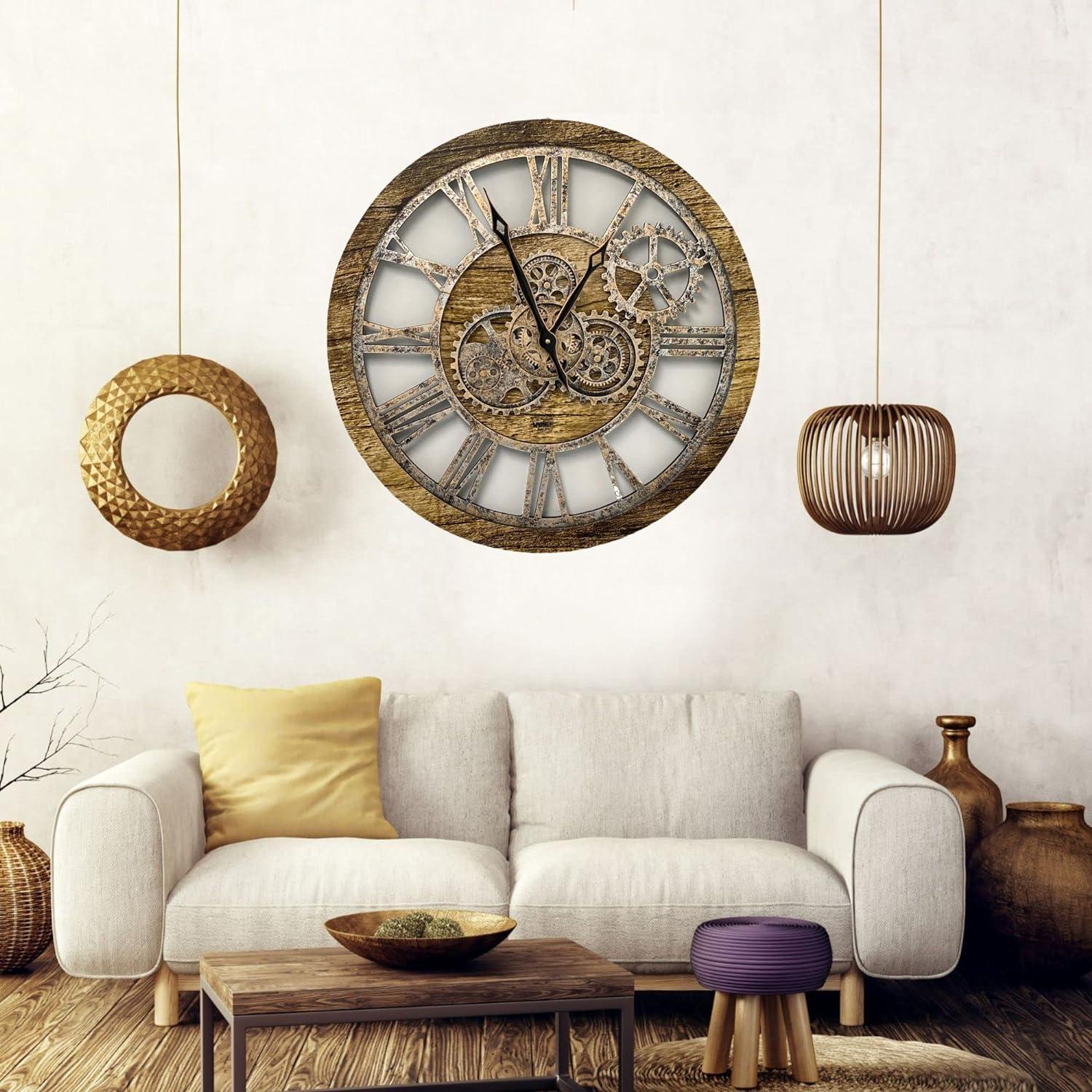 The Gears Clock Wall Clock 24" Round Oversized for Living Room decor with Real Moving Gears America Collection